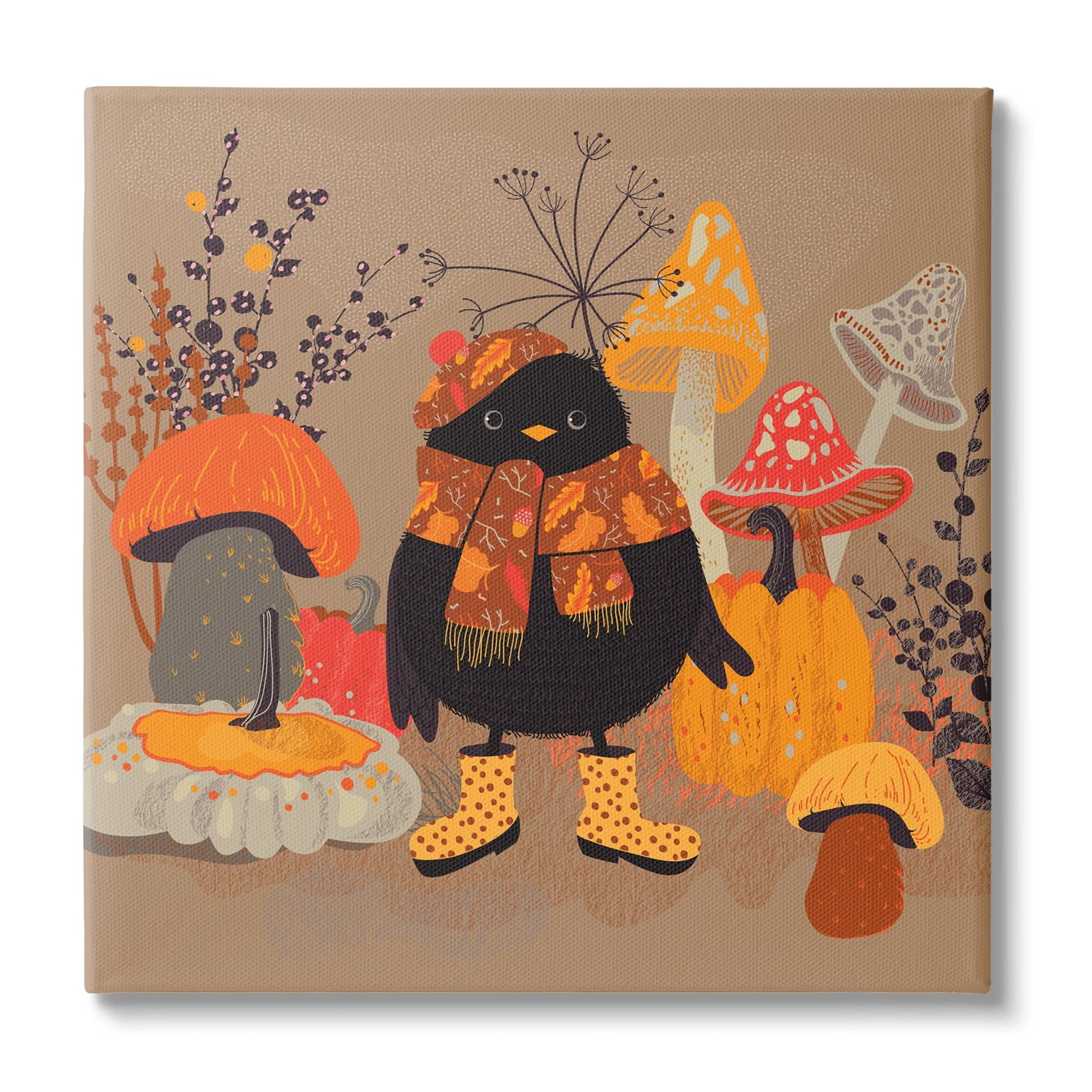 Cozy Crow with Mushrooms Brown Canvas Wall Art, 17 x 17