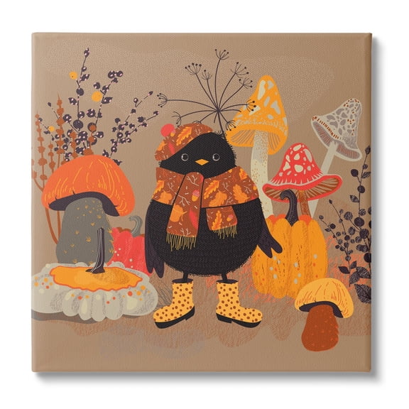Stupell Industries Cozy Crow with Mushrooms Animals & Insects Painting Gallery Wrapped Art Print Wall Art, 17 x 17