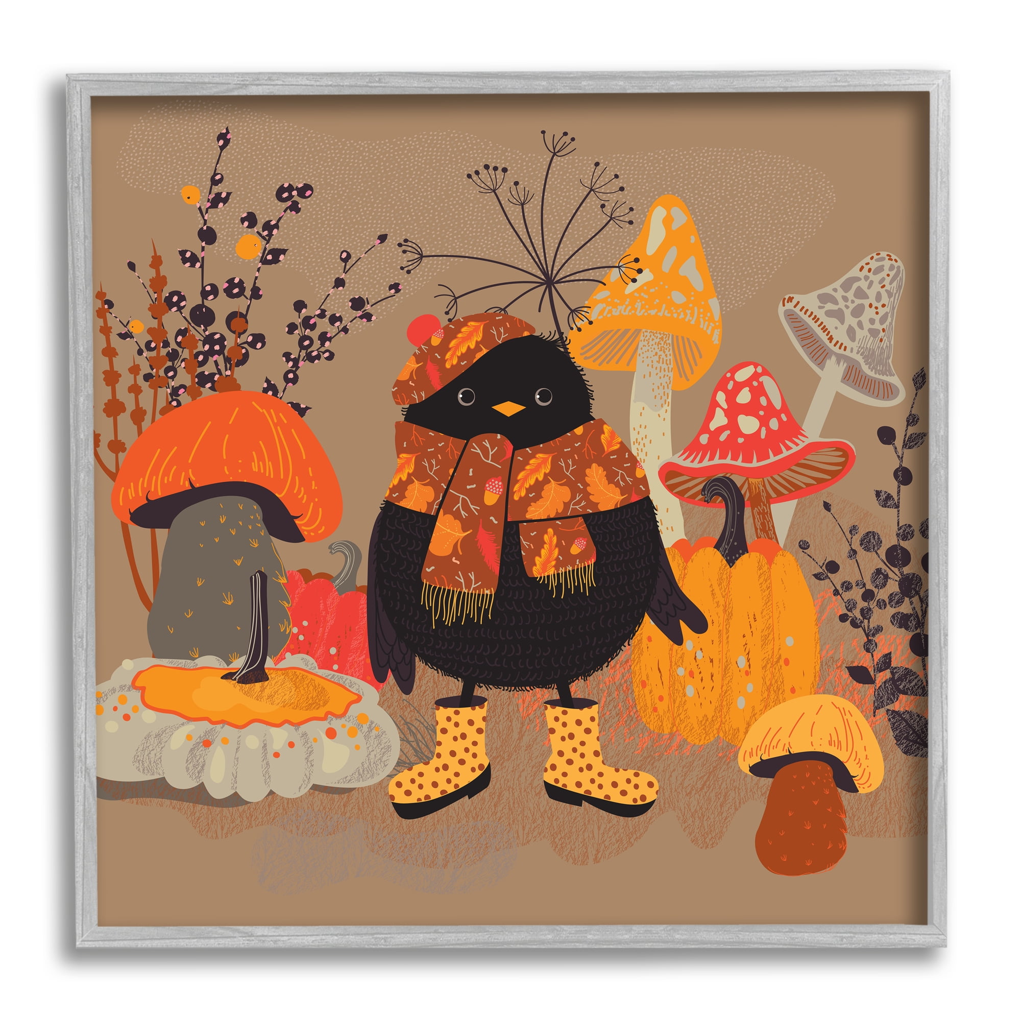 Stupell Industries Cozy Crow with Mushrooms Animals & Insects Painting Gray Framed Art Print Wall Art, 12 x 12