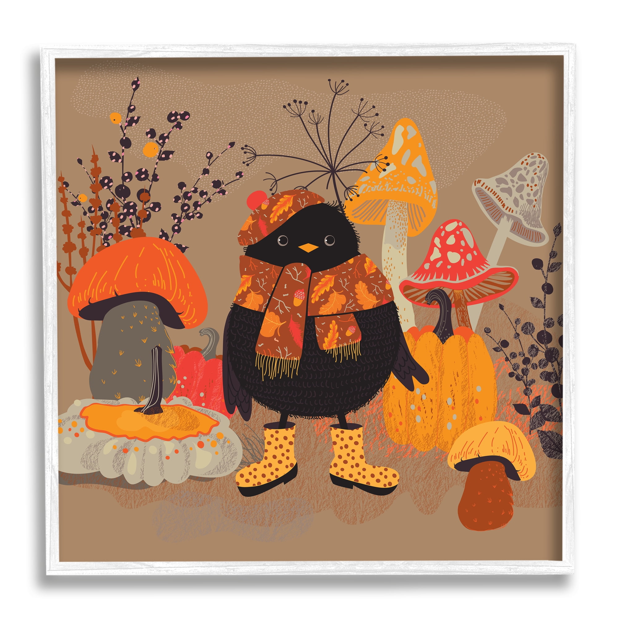 Stupell Industries Cozy Crow with Mushrooms Animals & Insects Painting White Framed Art Print Wall Art, 24 x 24