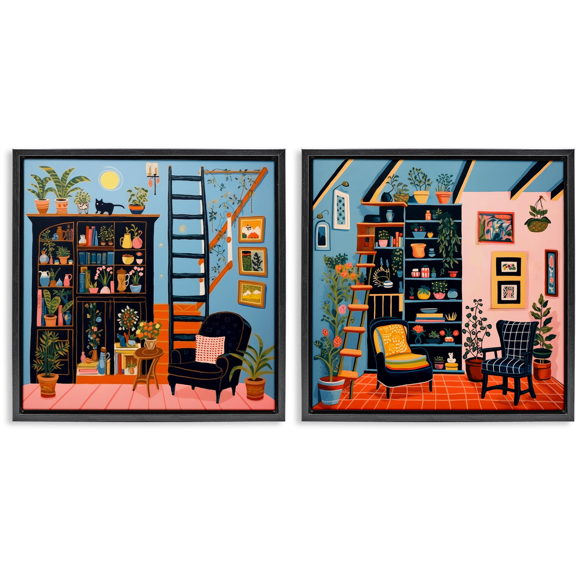 Stupell Industries Cozy Decorated Reading Nook Furniture Painting Black Floater Framed Canvas Art Print Wall Art, 18 x 18, Set of 2