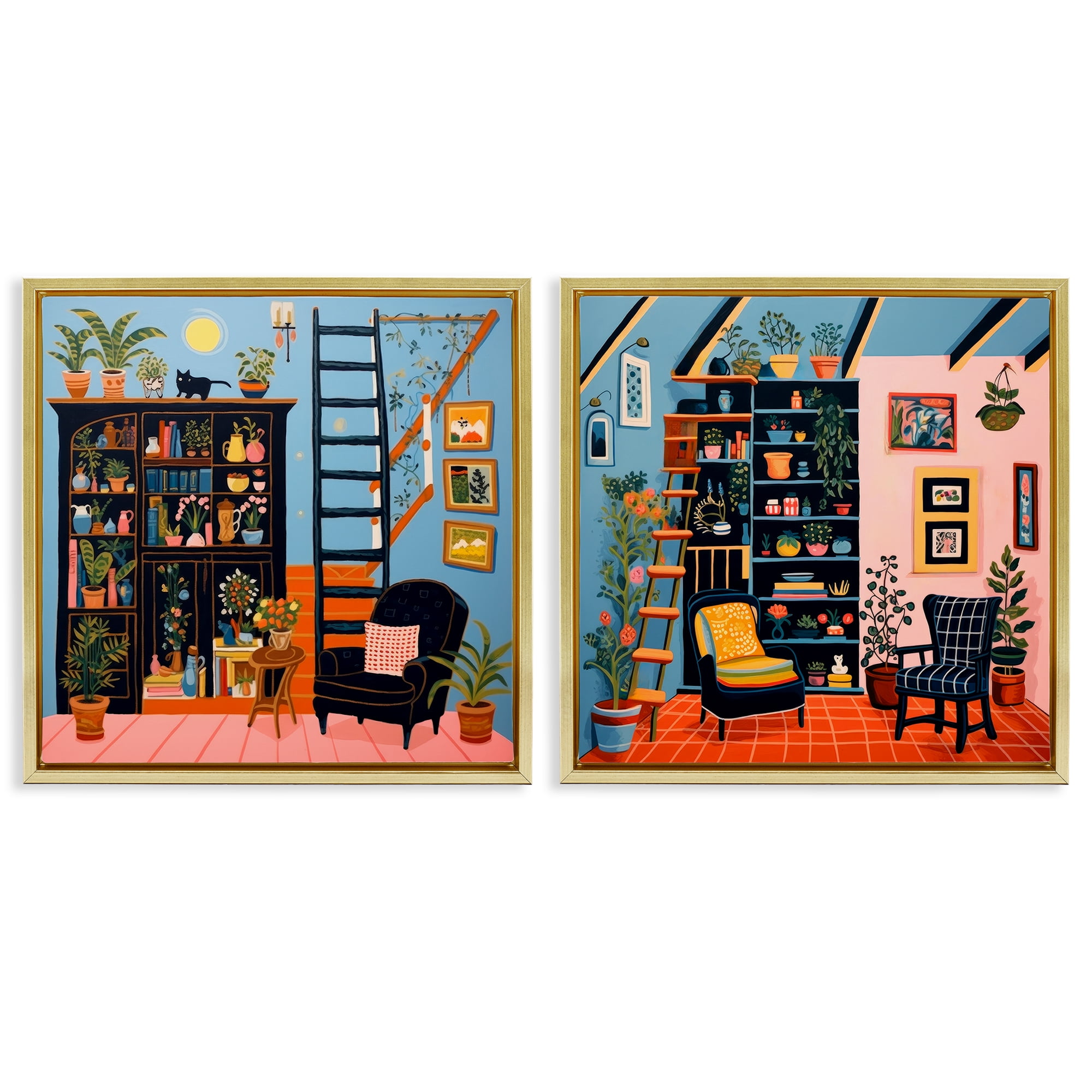 Stupell Industries Cozy Decorated Reading Nook Furniture Painting Gold Floater Framed Canvas Art Print Wall Art, 25 x 25, Set of 2
