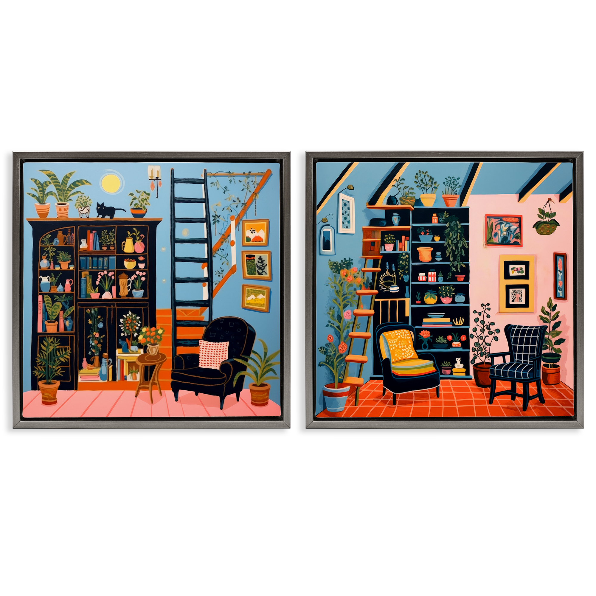 Stupell Industries Cozy Decorated Reading Nook Furniture Painting Gray Floater Framed Canvas Art Print Wall Art, 18 x 18, Set of 2