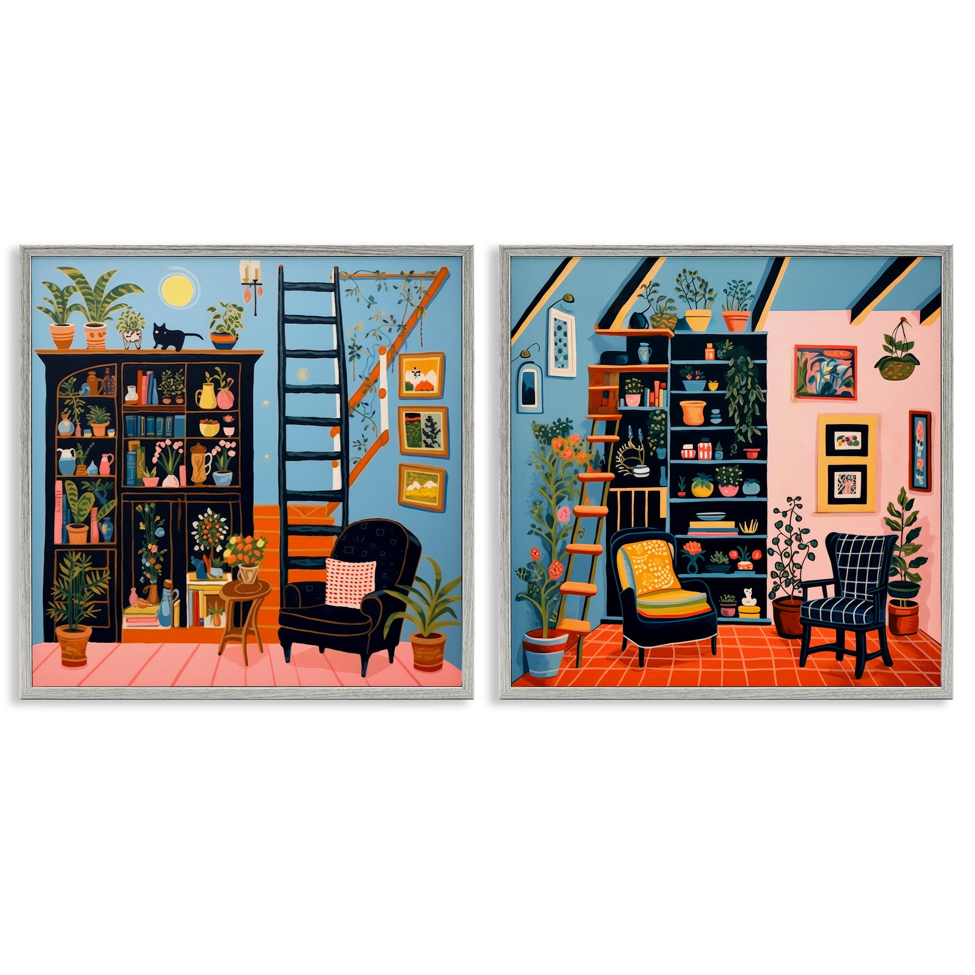 Stupell Industries Cozy Decorated Reading Nook Furniture Painting Gray Framed Art Print Wall Art, 12 x 12, Set of 2