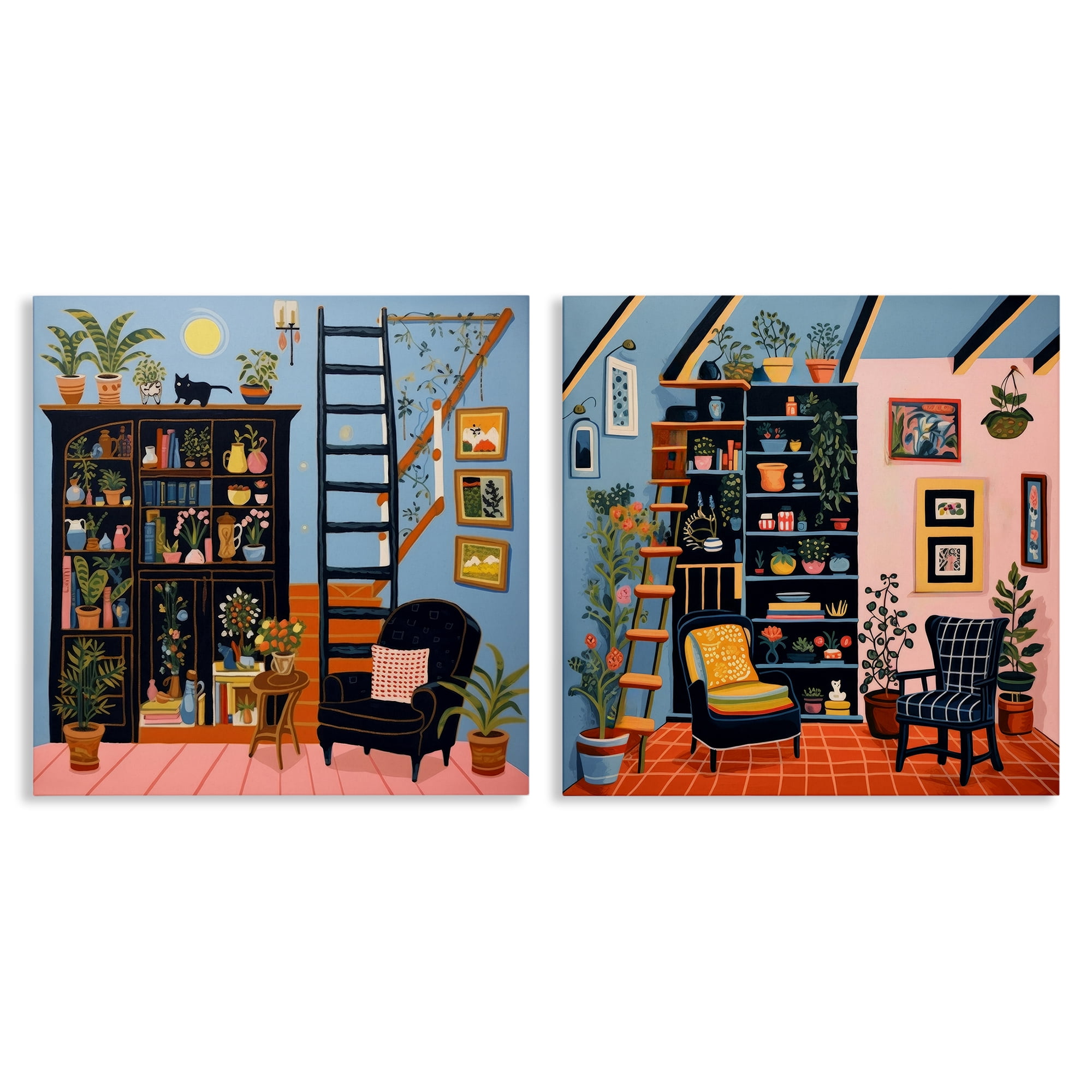 Stupell Industries Cozy Decorated Reading Nook Furniture Painting Wrapped Canvas Art Print Wall Art, 24 x 24, Set of 2