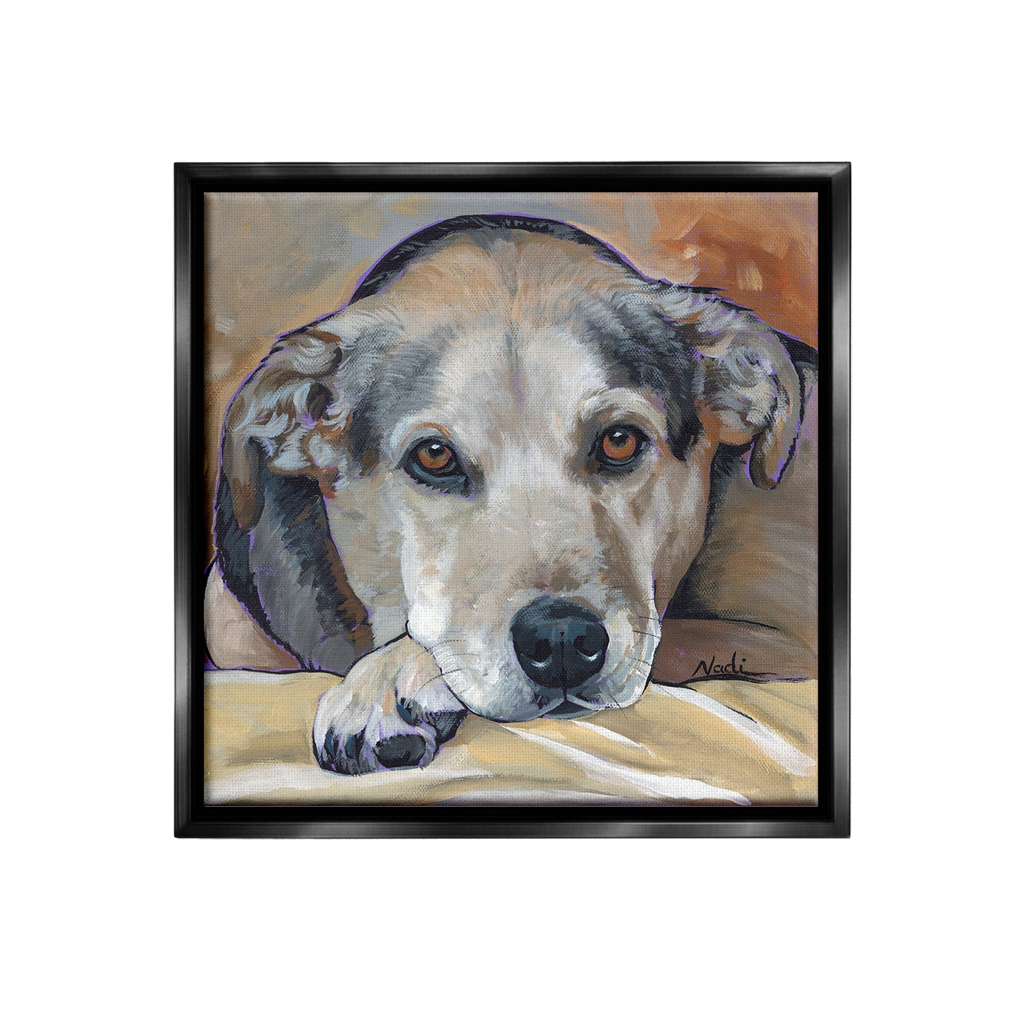 Stupell Industries Cozy Dog Portrait Animals & Insects Painting Black Floater Framed Canvas Art Print Wall Art, 18 x 18