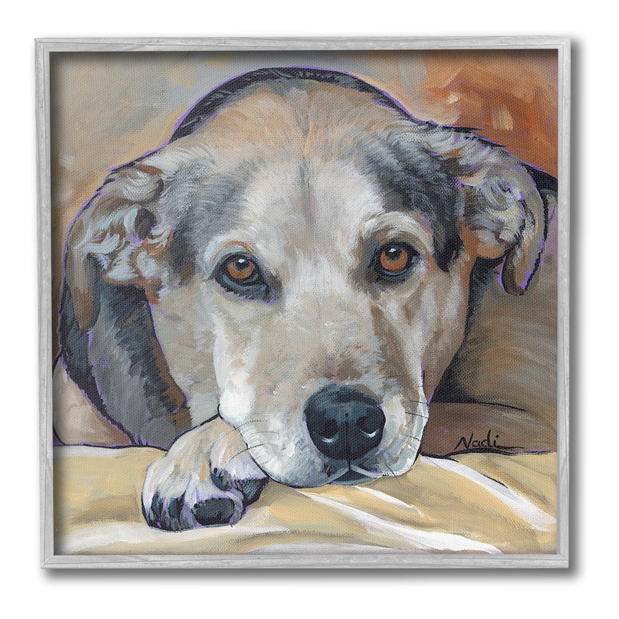 Stupell Industries Cozy Dog Portrait Animals & Insects Painting Gray Framed Art Print Wall Art, 17 x 17