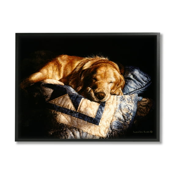 Stupell Industries Cozy Dog Sleeping Quilt Animal Animals & Insects Painting Black Framed Art Print Wall Art
