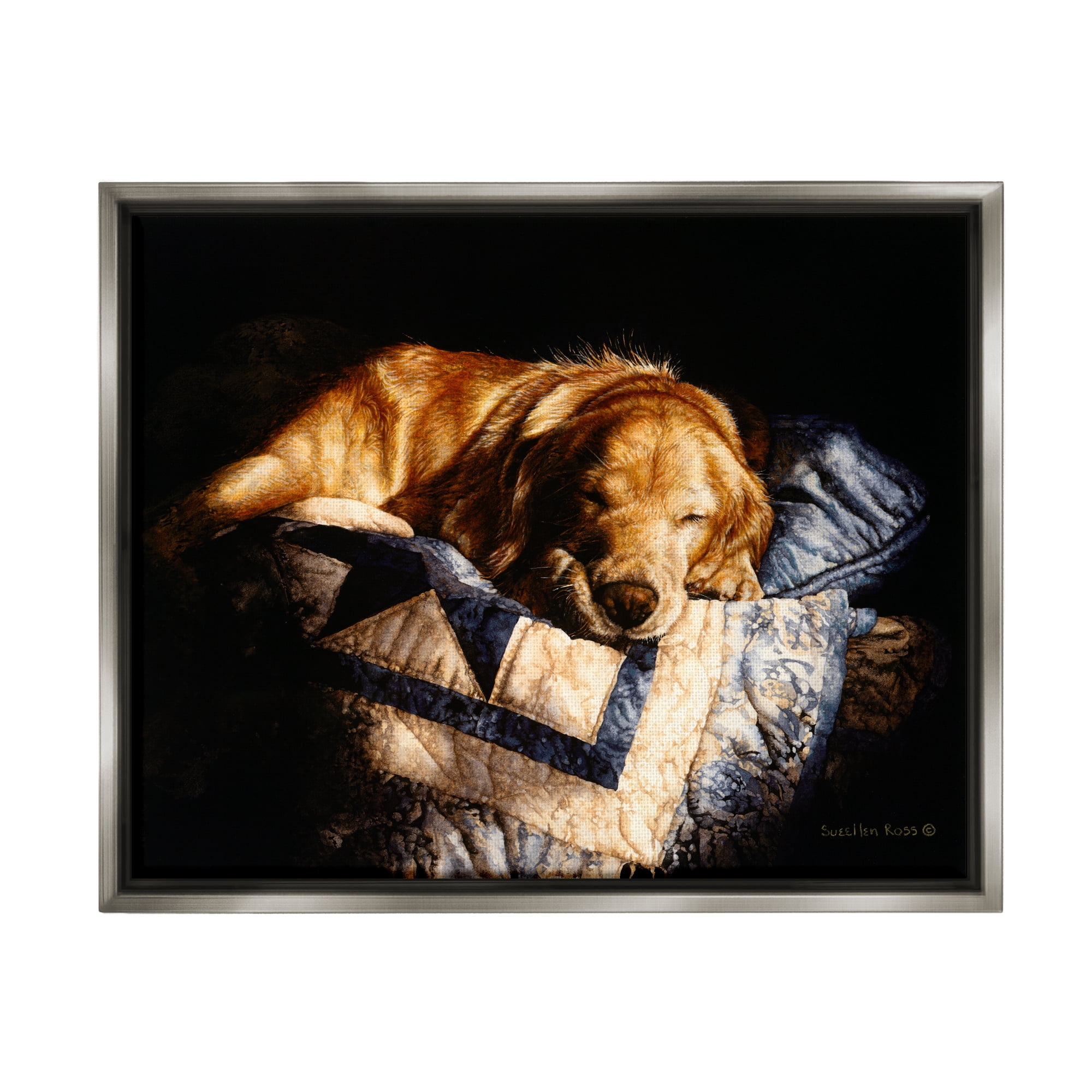 Stupell Industries Cozy Dog Sleeping Quilt Animal Animals & Insects Painting Gray Floater Framed Art Print Wall Art