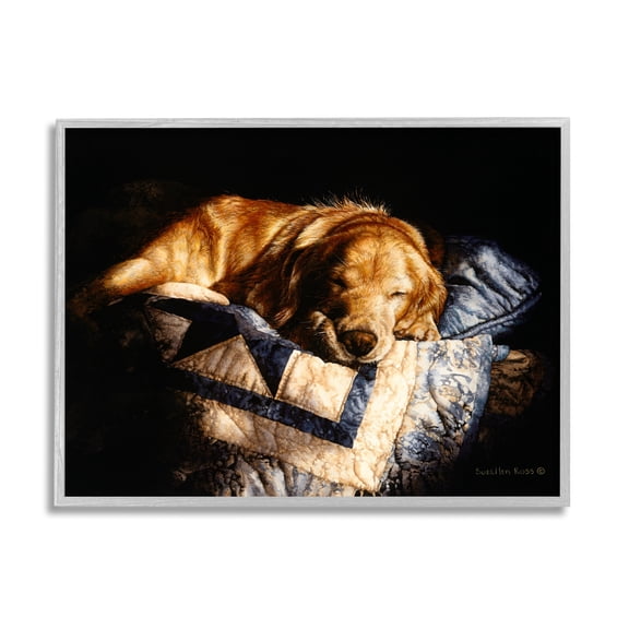 Stupell Industries Cozy Dog Sleeping Quilt Animal Animals & Insects Painting Gray Framed Art Print Wall Art