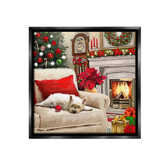 Stupell Industries Cozy Dog by Holiday Mantle Holiday Painting Black Floater Framed Canvas Art Print Wall Art, 18 x 18