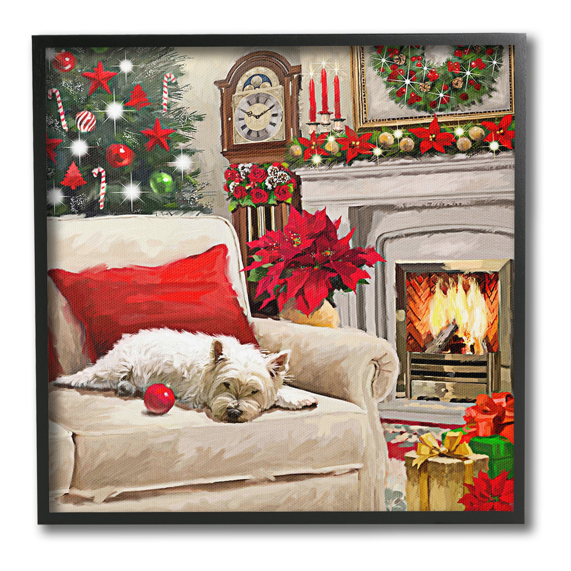 Stupell Industries Cozy Dog by Holiday Mantle Holiday Painting Black Framed Art Print Wall Art, 24 x 24
