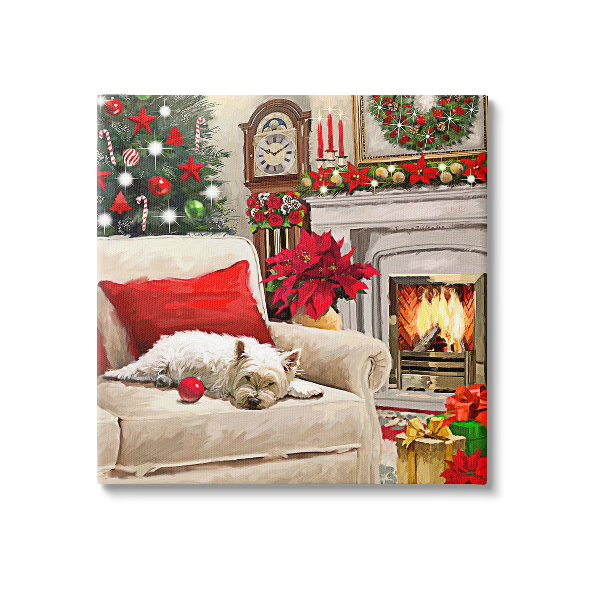 Stupell Industries Cozy Dog by Holiday Mantle Holiday Painting Gallery Wrapped Canvas Art Print Wall Art, 24 x 24