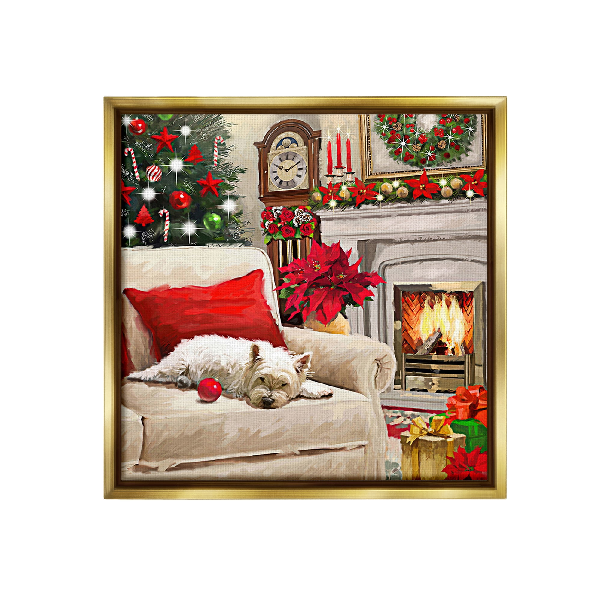Stupell Industries Cozy Dog by Holiday Mantle Holiday Painting Gold Floater Framed Canvas Art Print Wall Art, 18 x 18