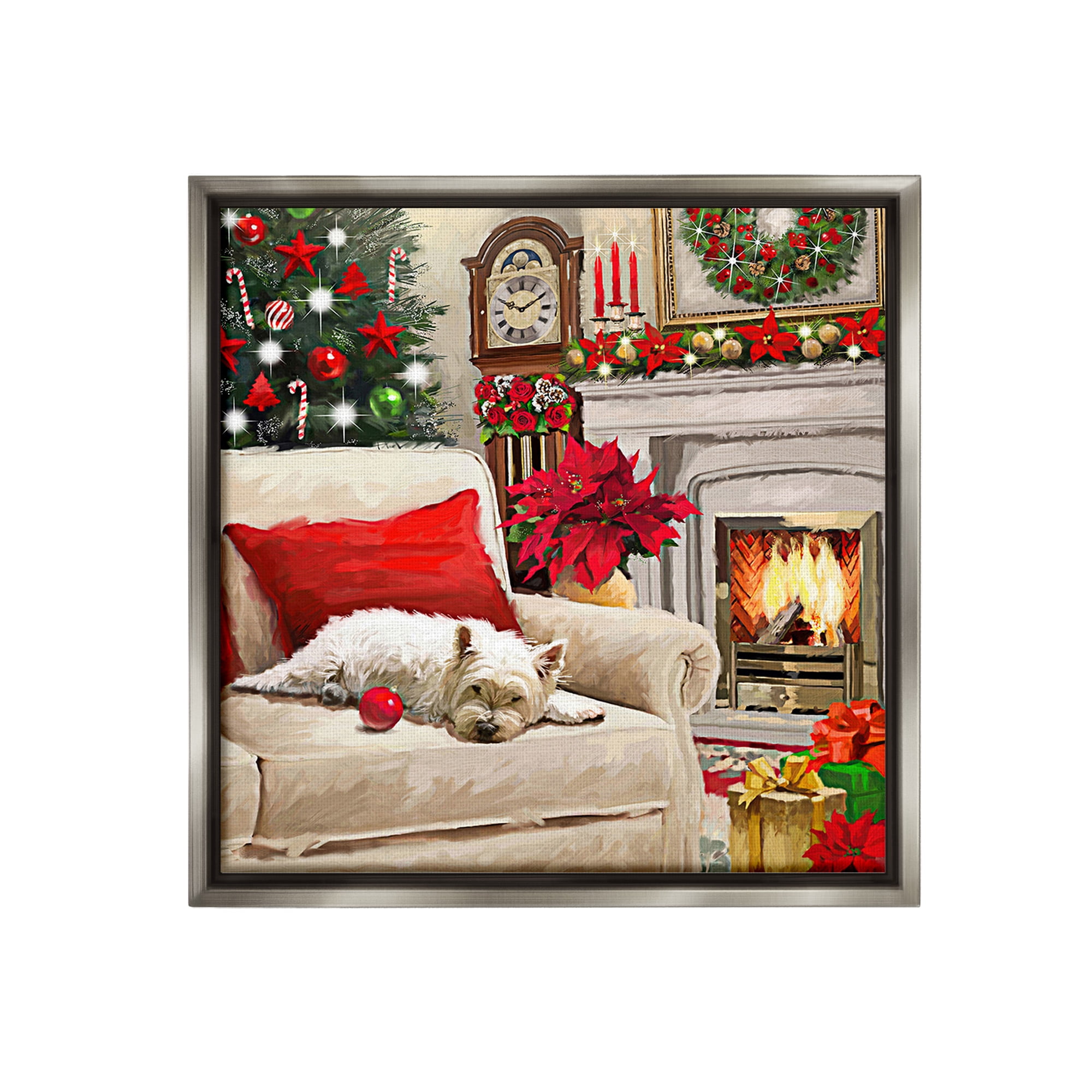 Stupell Industries Cozy Dog by Holiday Mantle Holiday Painting Gray Floater Framed Canvas Art Print Wall Art, 25 x 25