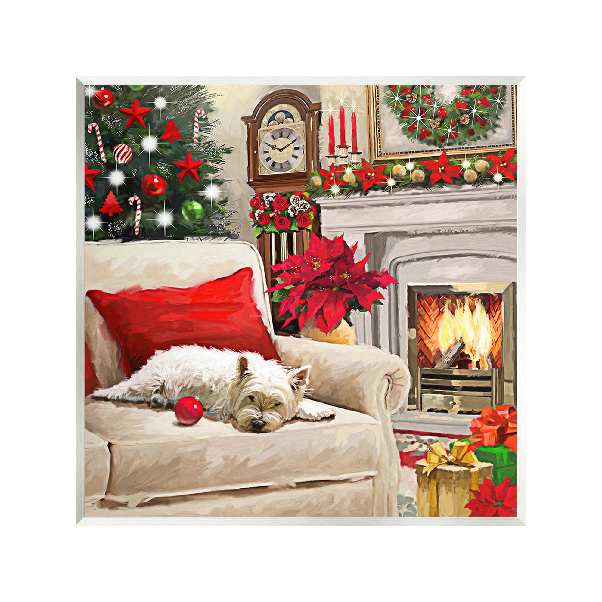 Stupell Industries Cozy Dog by Holiday Mantle Holiday Painting Unframed Art Print Wall Art, 12 x 12