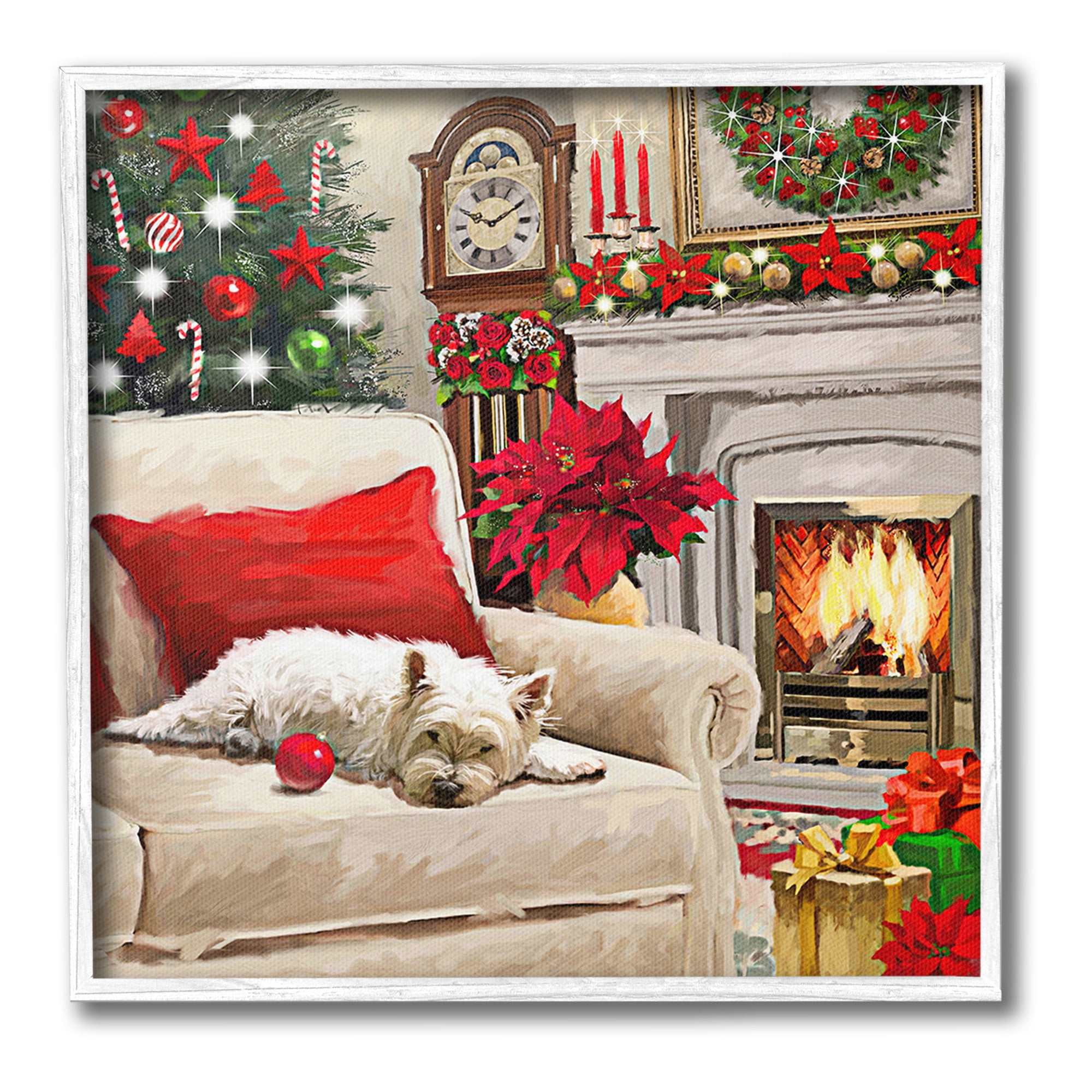 Stupell Industries Cozy Dog by Holiday Mantle Holiday Painting White Framed Art Print Wall Art, 12 x 12
