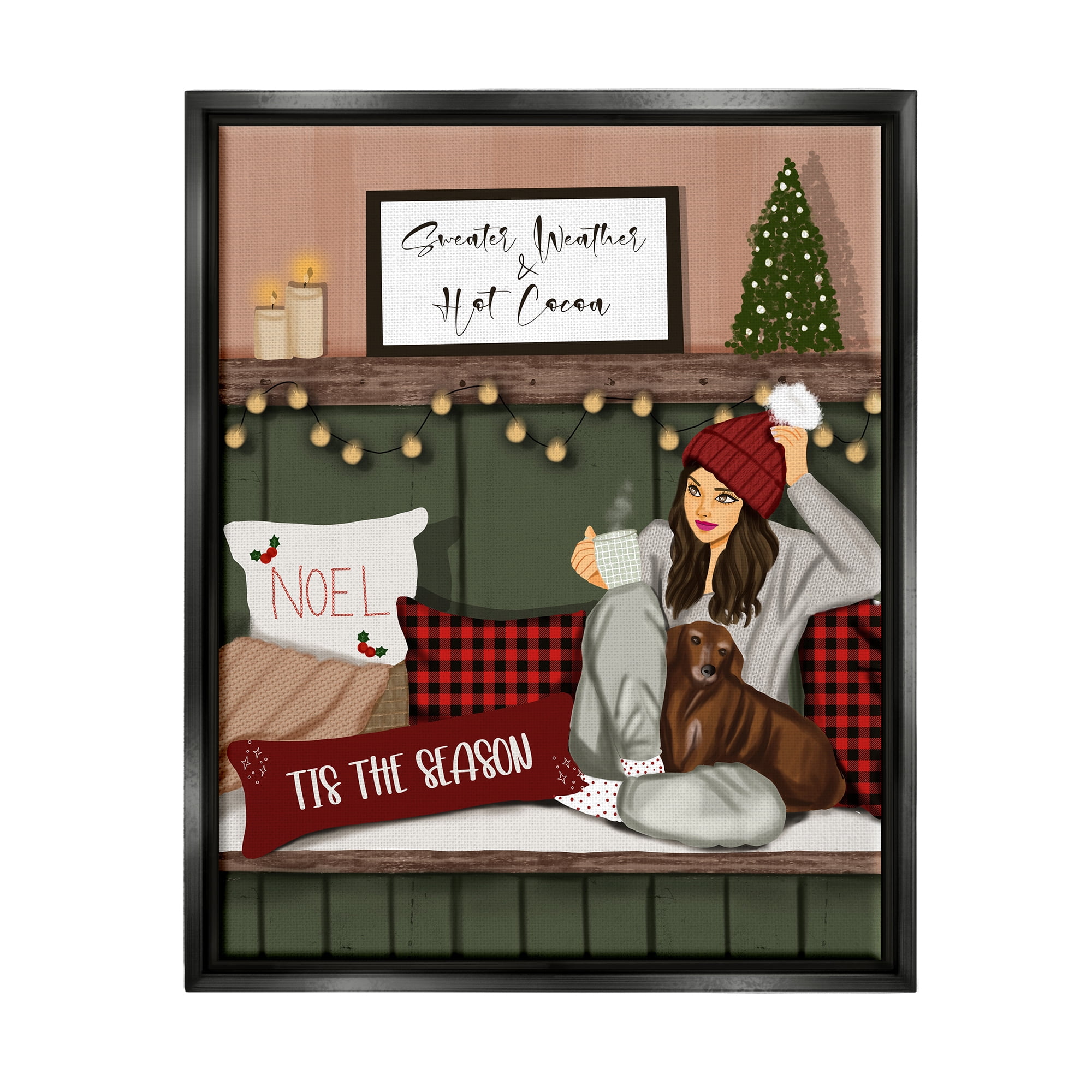 Stupell Industries Cozy Girl with Christmas Phrases Holiday Painting Black Floater Framed Canvas Art Print Wall Art, 25 x 31