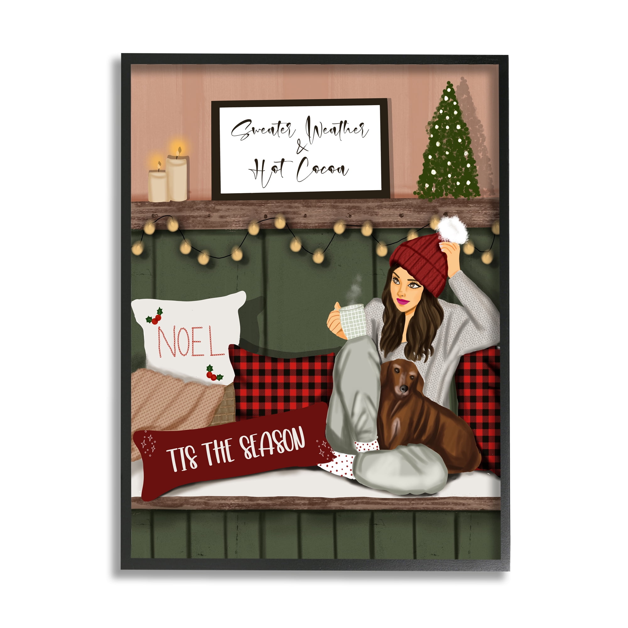 Stupell Industries Cozy Girl with Christmas Phrases Holiday Painting Black Framed Art Print Wall Art, 11 x 14