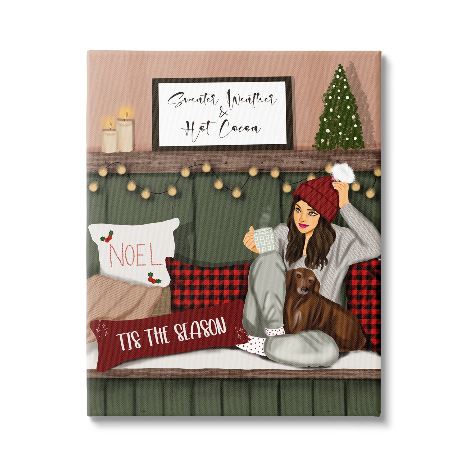 Stupell Industries Cozy Girl with Christmas Phrases Holiday Painting Gallery Wrapped Canvas Art Print Wall Art, 24 x 30