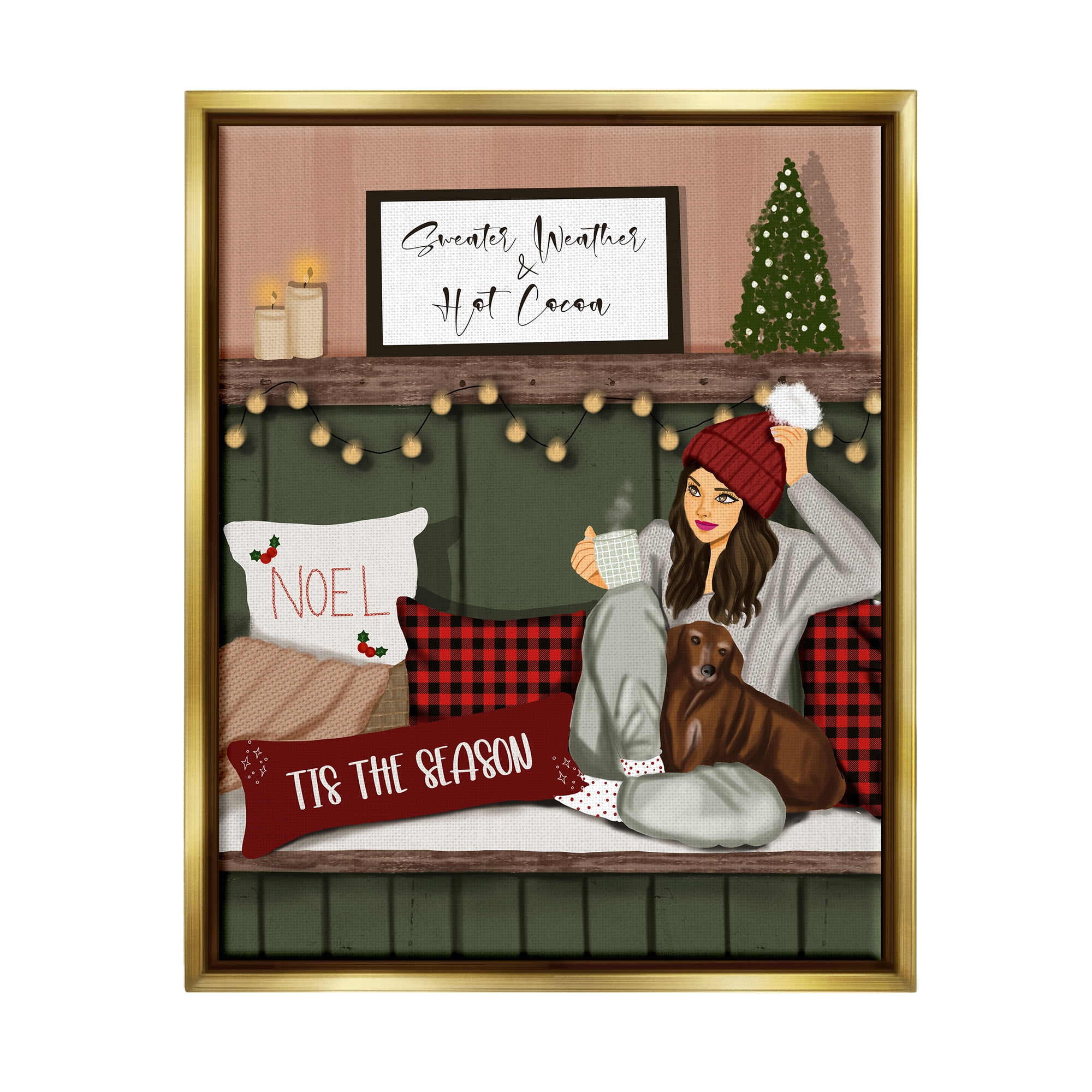 Stupell Industries Cozy Girl with Christmas Phrases Holiday Painting Gold Floater Framed Canvas Art Print Wall Art, 25 x 31