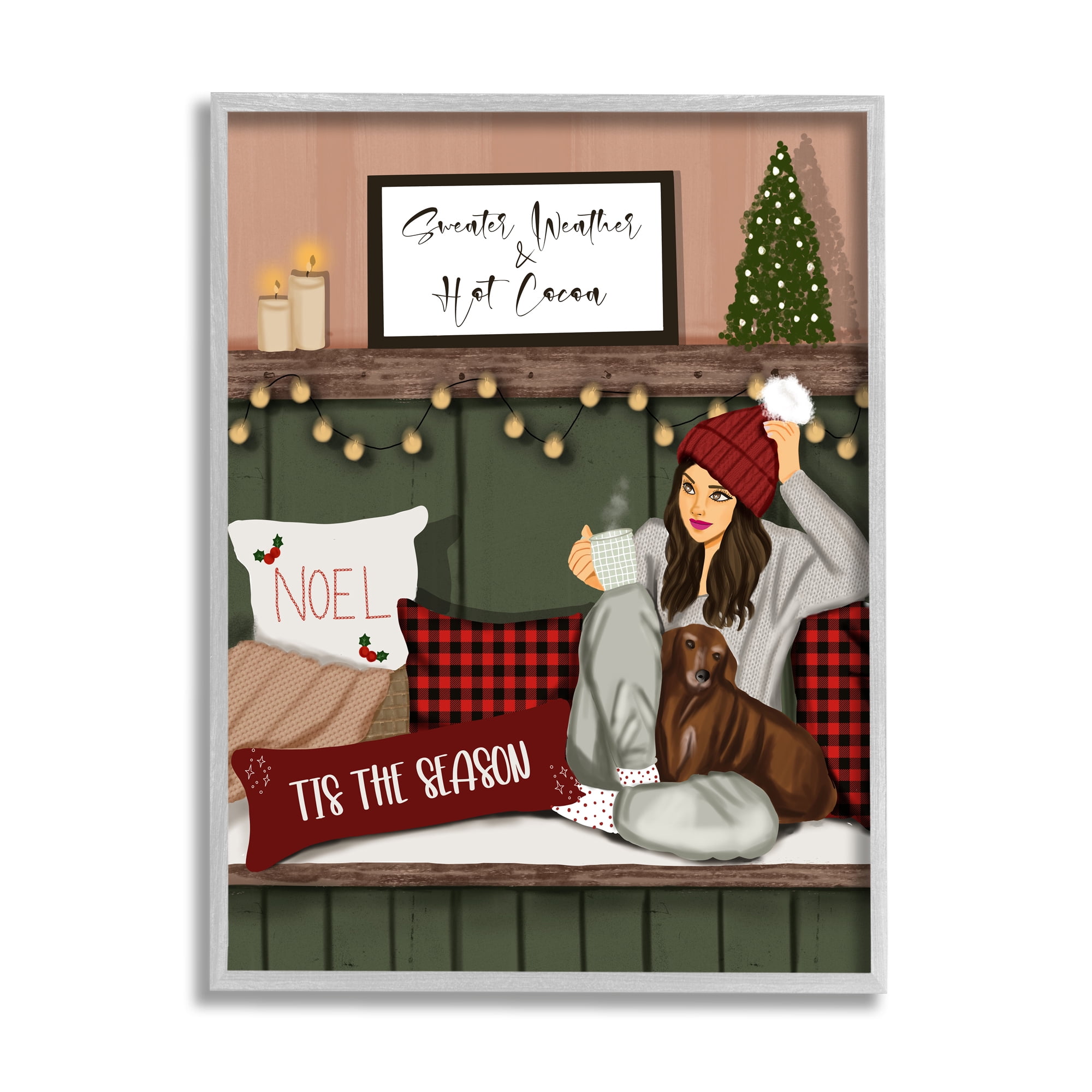 Stupell Industries Cozy Girl with Christmas Phrases Holiday Painting Gray Framed Art Print Wall Art, 11 x 14