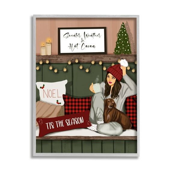 Stupell Industries Cozy Girl with Christmas Phrases Holiday Painting Gray Framed Art Print Wall Art, 11 x 14