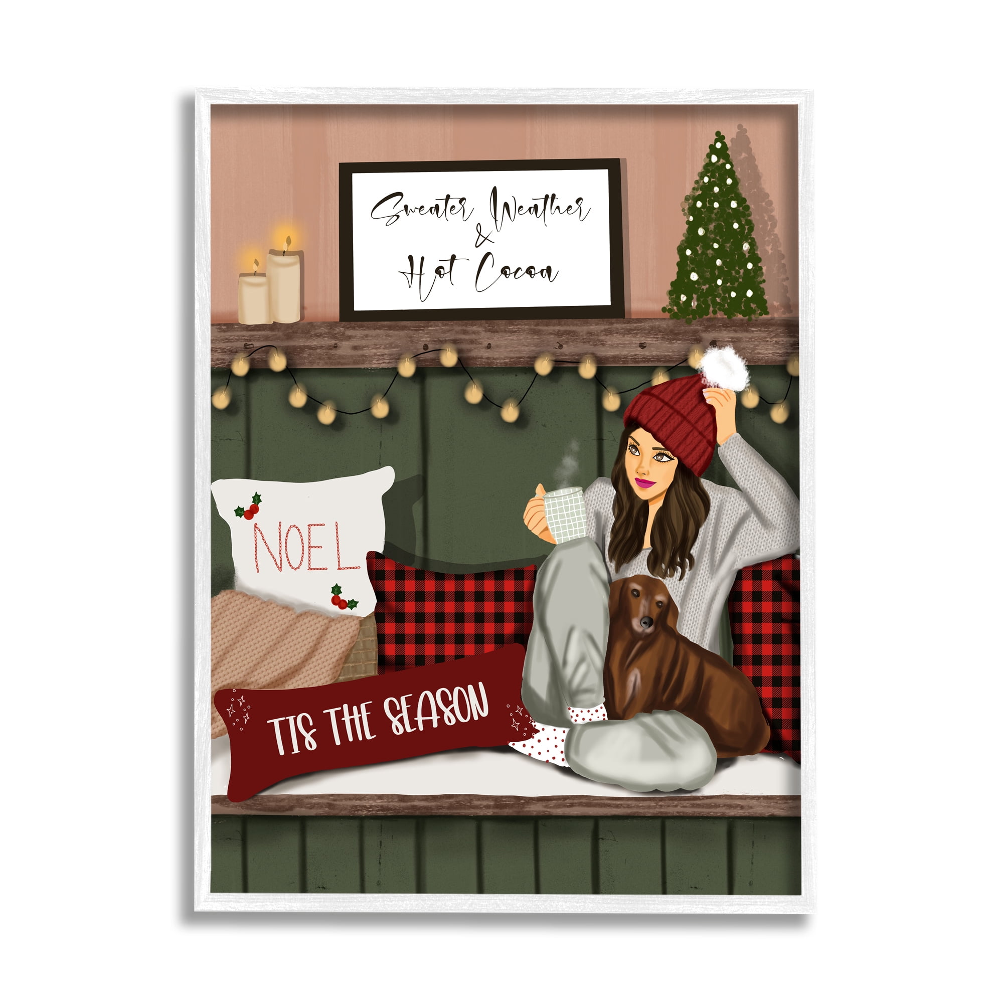 Stupell Industries Cozy Girl with Christmas Phrases Holiday Painting White Framed Art Print Wall Art, 11 x 14