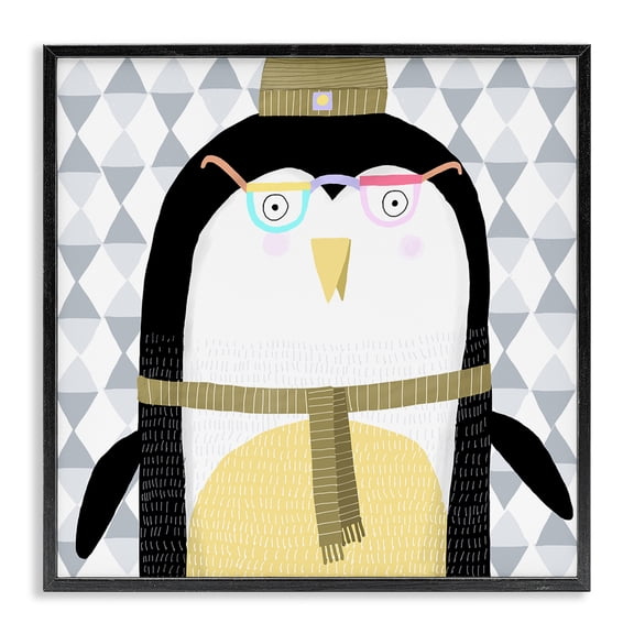 Stupell Industries Cozy Penguin on Geometrics Animals Painting Black Framed Art Print Wall Art, 24 x 24