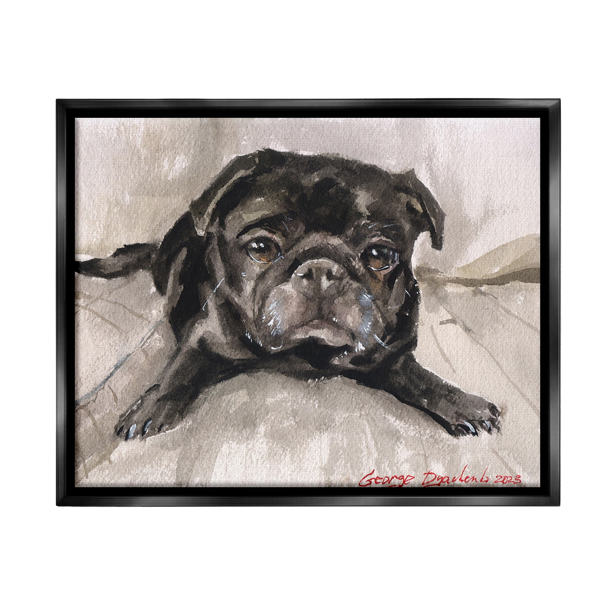 Stupell Industries Cozy Pug Relaxing Animals & Insects Painting Black Floater Framed Canvas Art Print Wall Art, 21 x 17