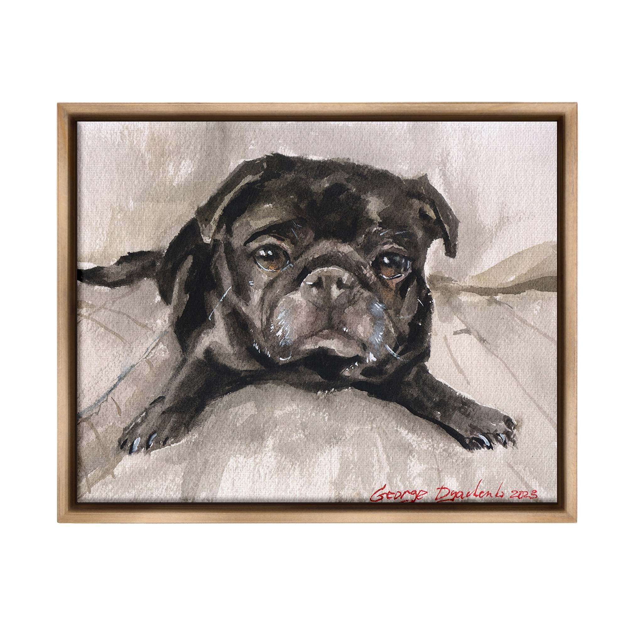 Stupell Industries Cozy Pug Relaxing Animals & Insects Painting Brown Floater Framed Canvas Art Print Wall Art, 31 x 25