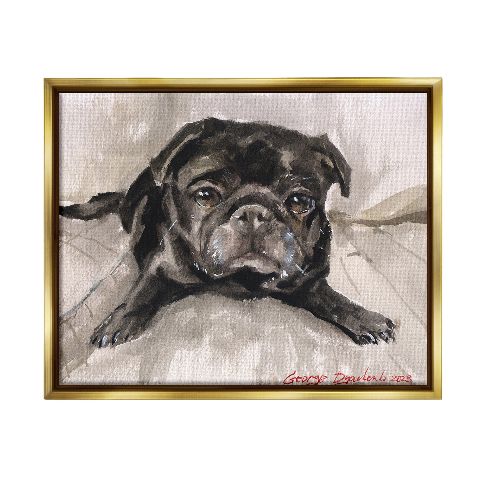 Stupell Industries Cozy Pug Relaxing Animals & Insects Painting Gold Floater Framed Canvas Art Print Wall Art, 31 x 25