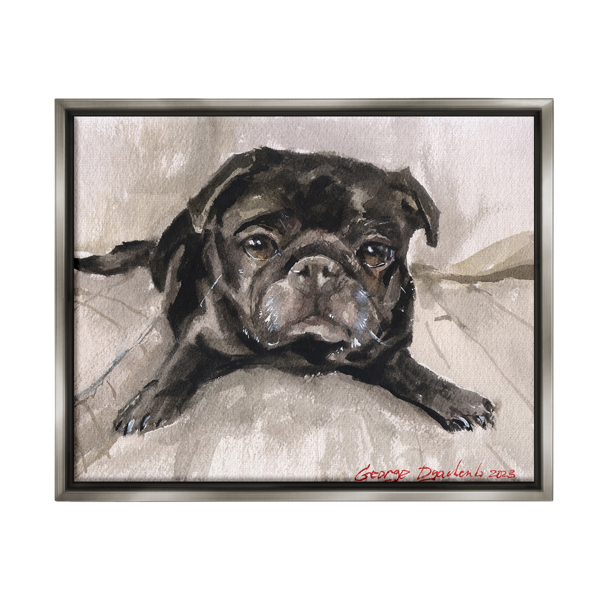 Stupell Industries Cozy Pug Relaxing Animals & Insects Painting Gray Floater Framed Canvas Art Print Wall Art, 31 x 25