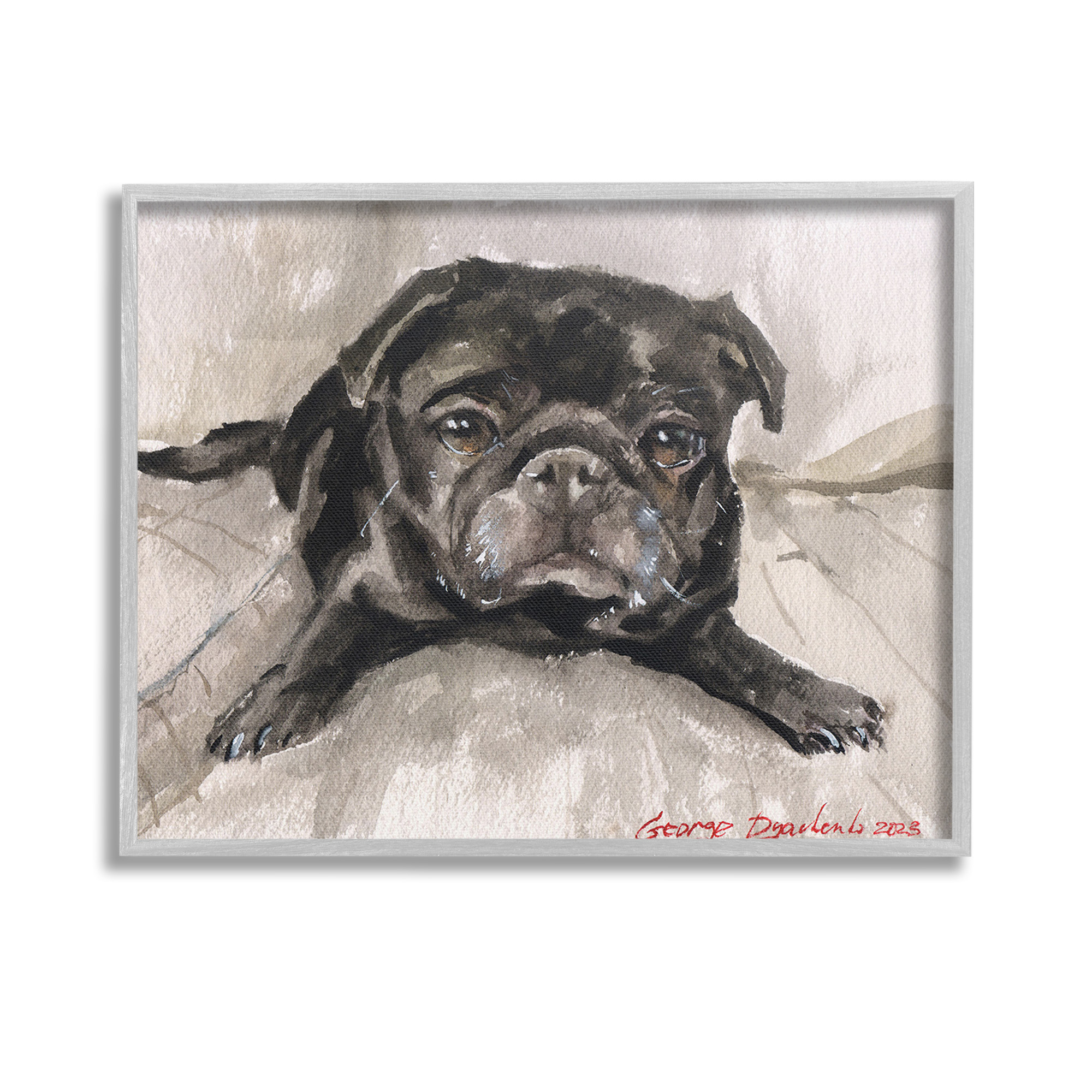 Stupell Industries Cozy Pug Relaxing Animals & Insects Painting Gray Framed Art Print Wall Art, 14 x 11
