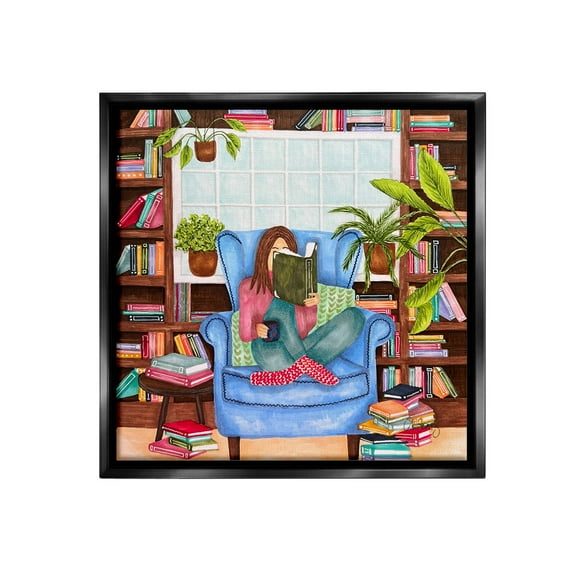 Stupell Industries Cozy Reading Corner Literature & Flim Painting Black Floater Framed Canvas Art Print Wall Art, 18 x 18