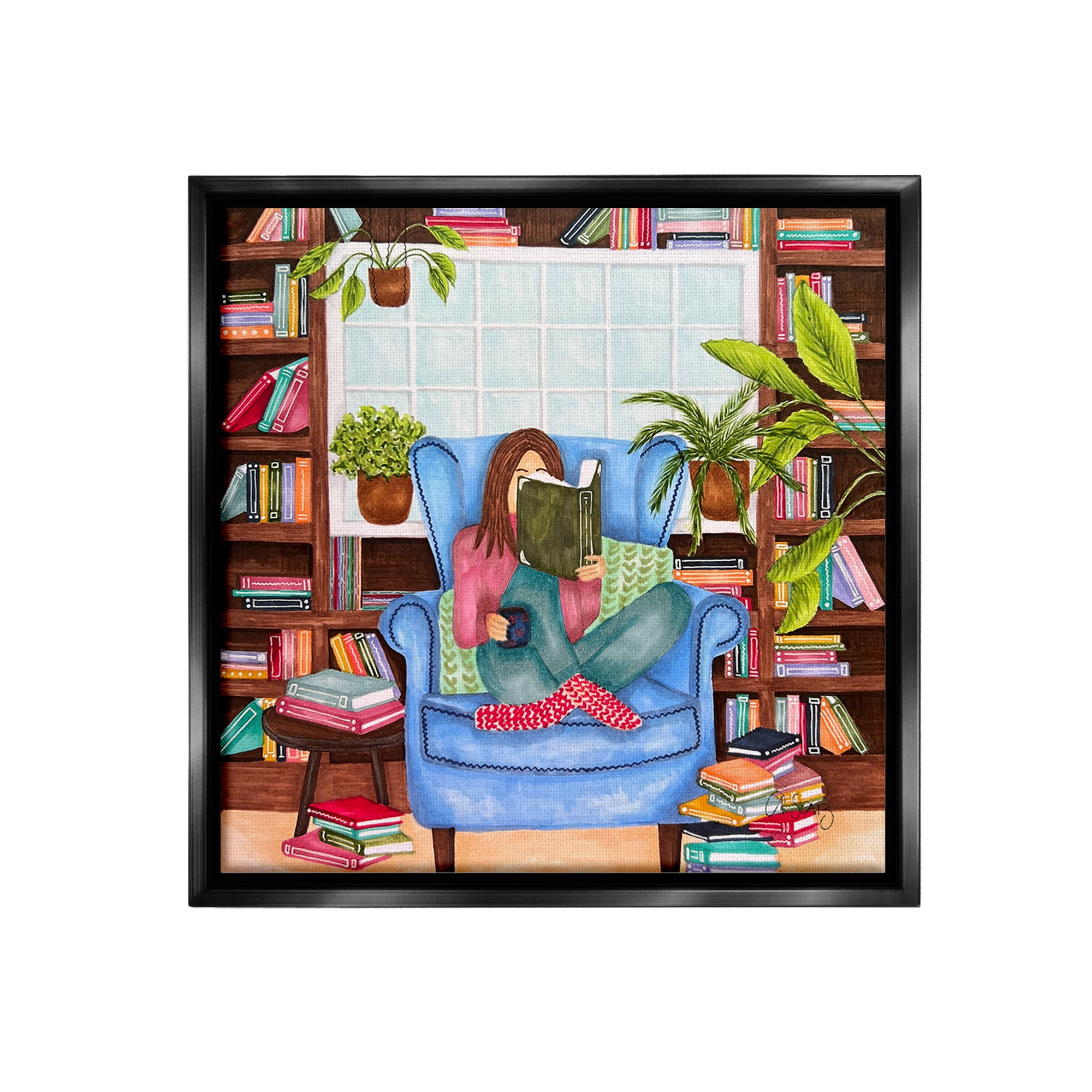 Stupell Industries Cozy Reading Corner Literature & Flim Painting Black Floater Framed Canvas Art Print Wall Art, 25 x 25