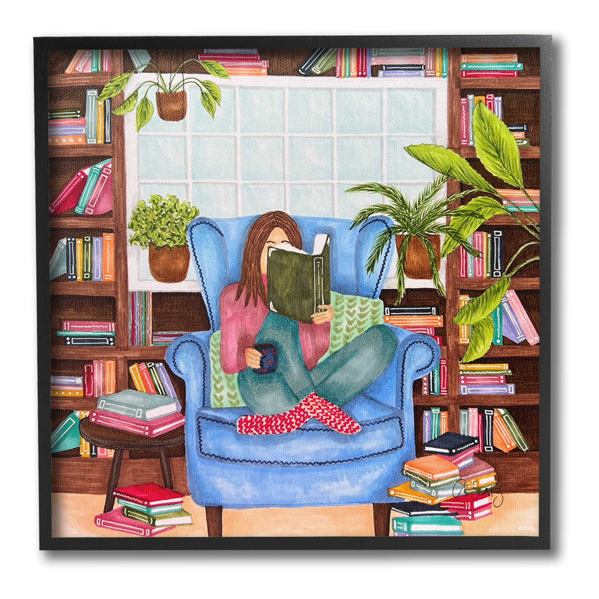 Stupell Industries Cozy Reading Corner Literature & Flim Painting Black Framed Art Print Wall Art, 12 x 12