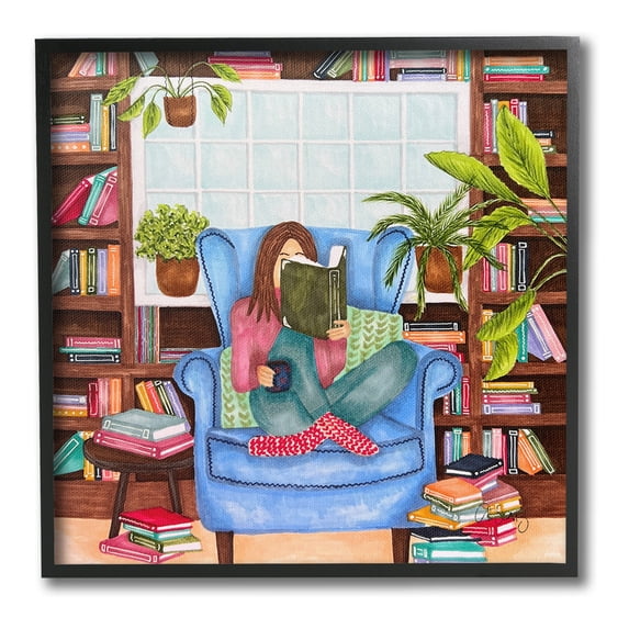 Stupell Industries Cozy Reading Corner Literature & Flim Painting Black Framed Art Print Wall Art, 12 x 12