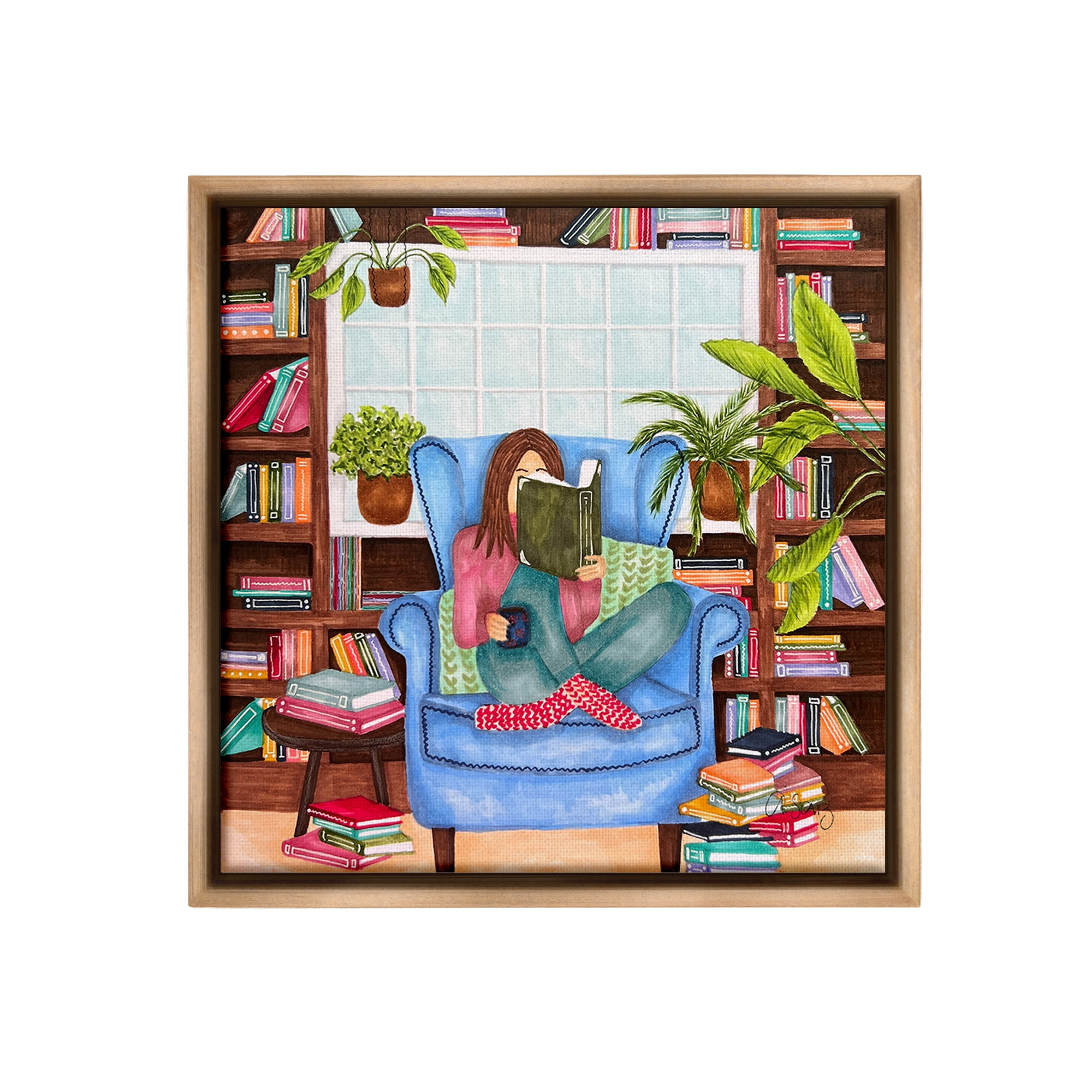 Stupell Industries Cozy Reading Corner Literature & Flim Painting Brown Floater Framed Canvas Art Print Wall Art, 18 x 18