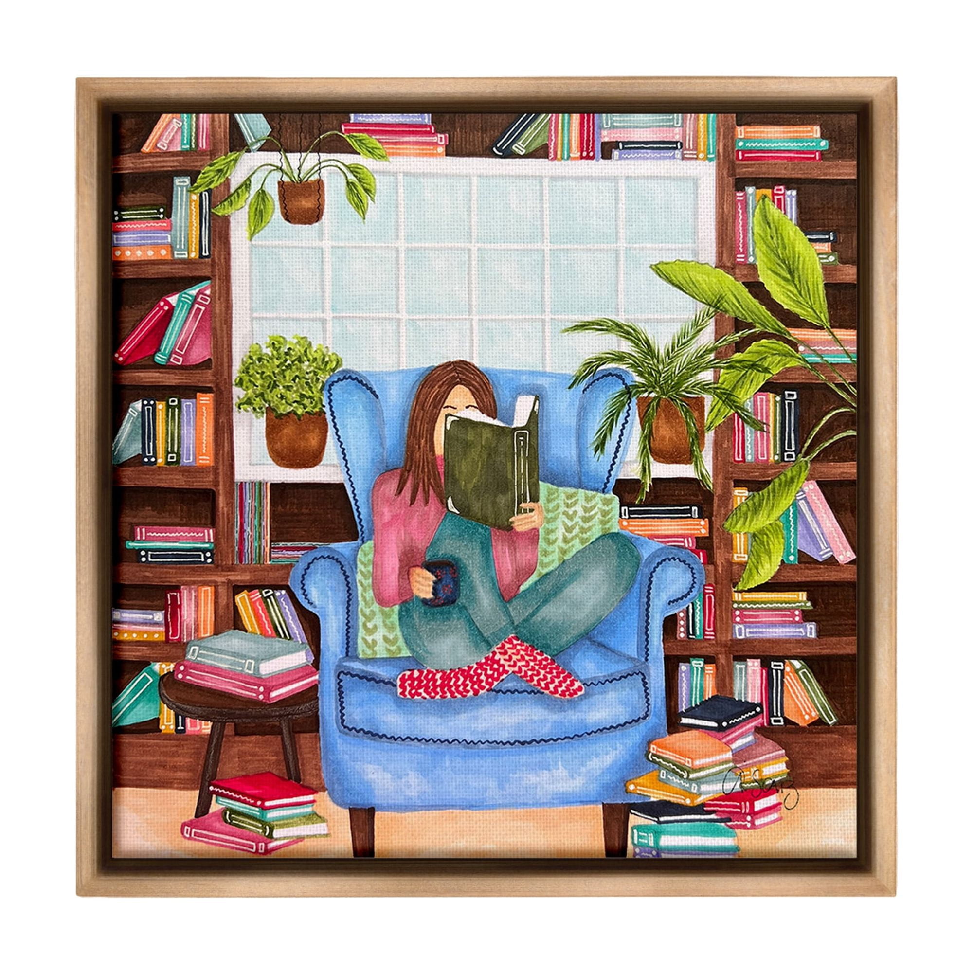 Stupell Industries Cozy Reading Corner Literature & Flim Painting Brown Floater Framed Canvas Art Print Wall Art, 25 x 25