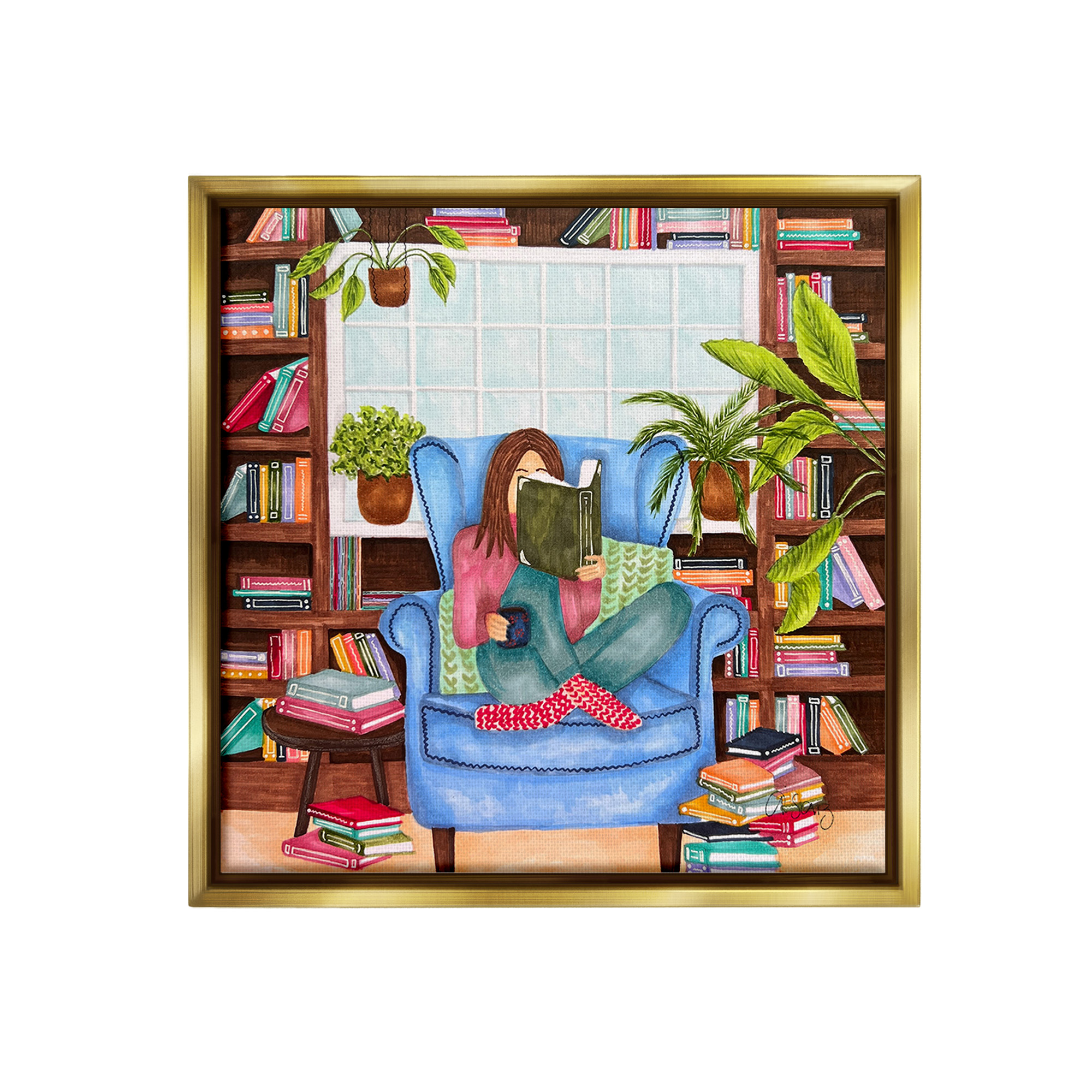 Stupell Industries Cozy Reading Corner Literature & Flim Painting Gold Floater Framed Canvas Art Print Wall Art, 25 x 25