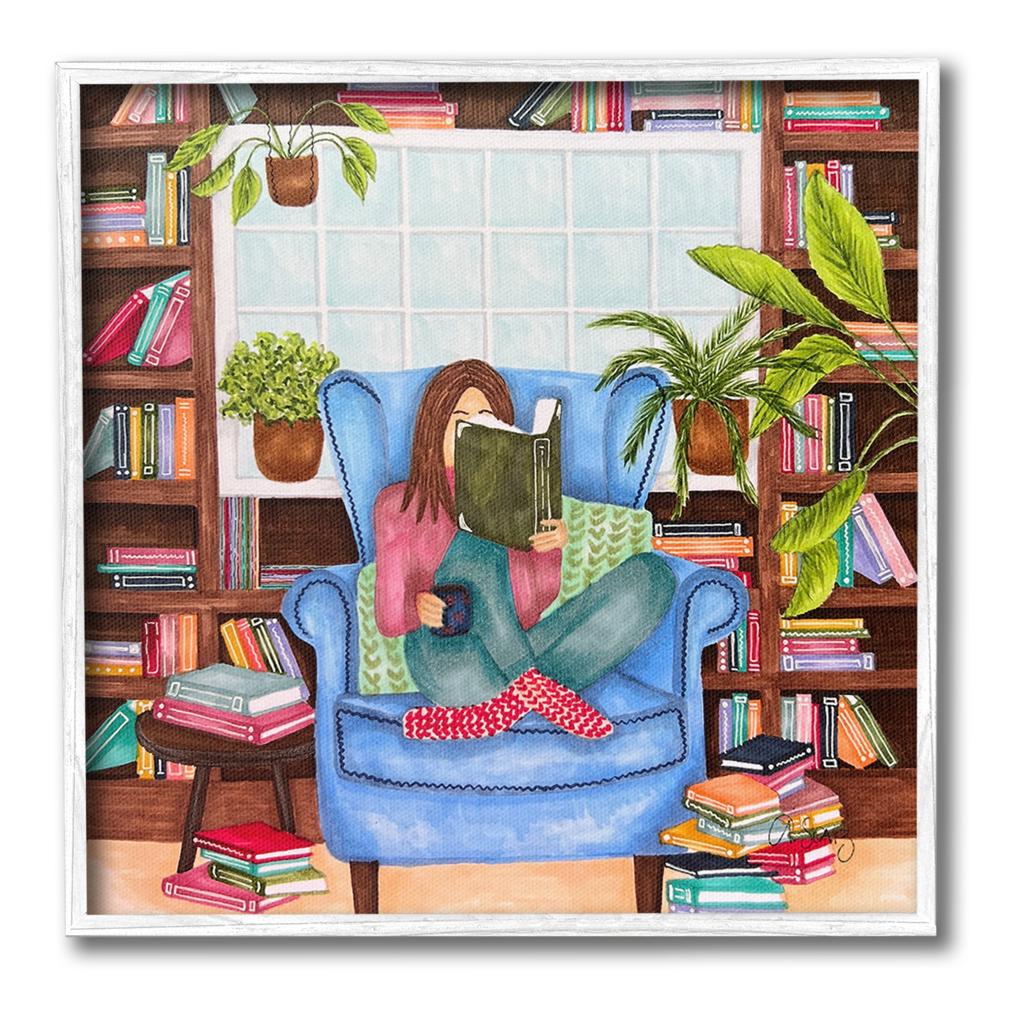 Stupell Industries Cozy Reading Corner Literature & Flim Painting White Framed Art Print Wall Art, 17 x 17