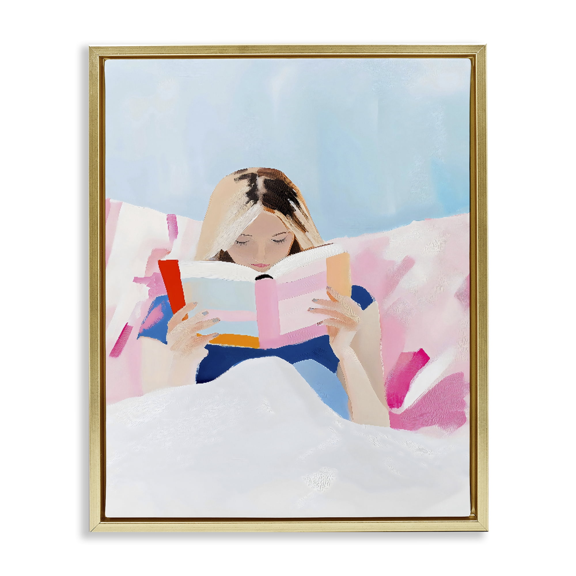 Stupell Industries Cozy Reading In Bed Gold Framed Floater Canvas Wall Art, design by The Prints Vibe