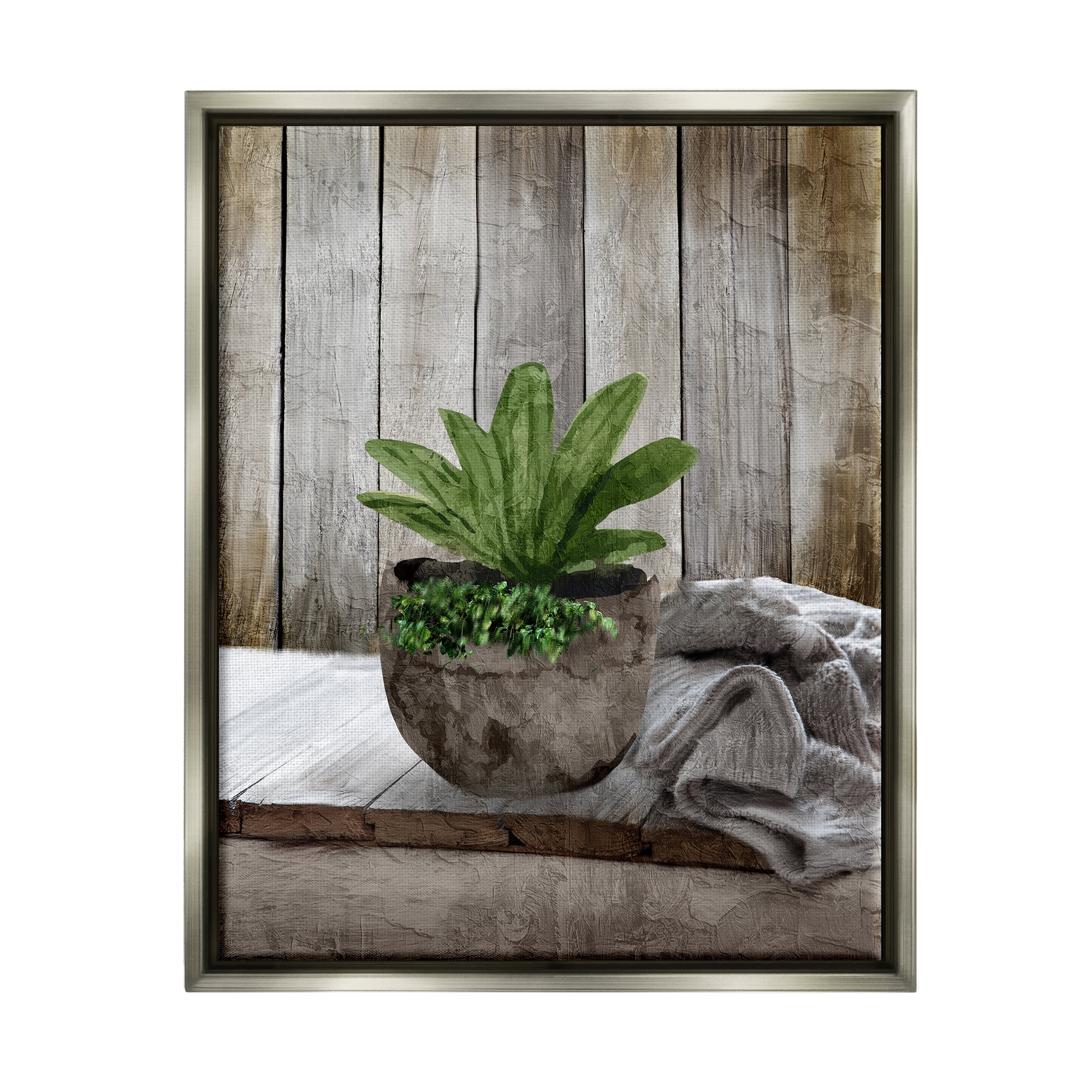 Stupell Industries Cozy Rustic Potted Plant Botanical & Floral Painting Gray Floater Framed Canvas Art Print Wall Art, 17 x 21
