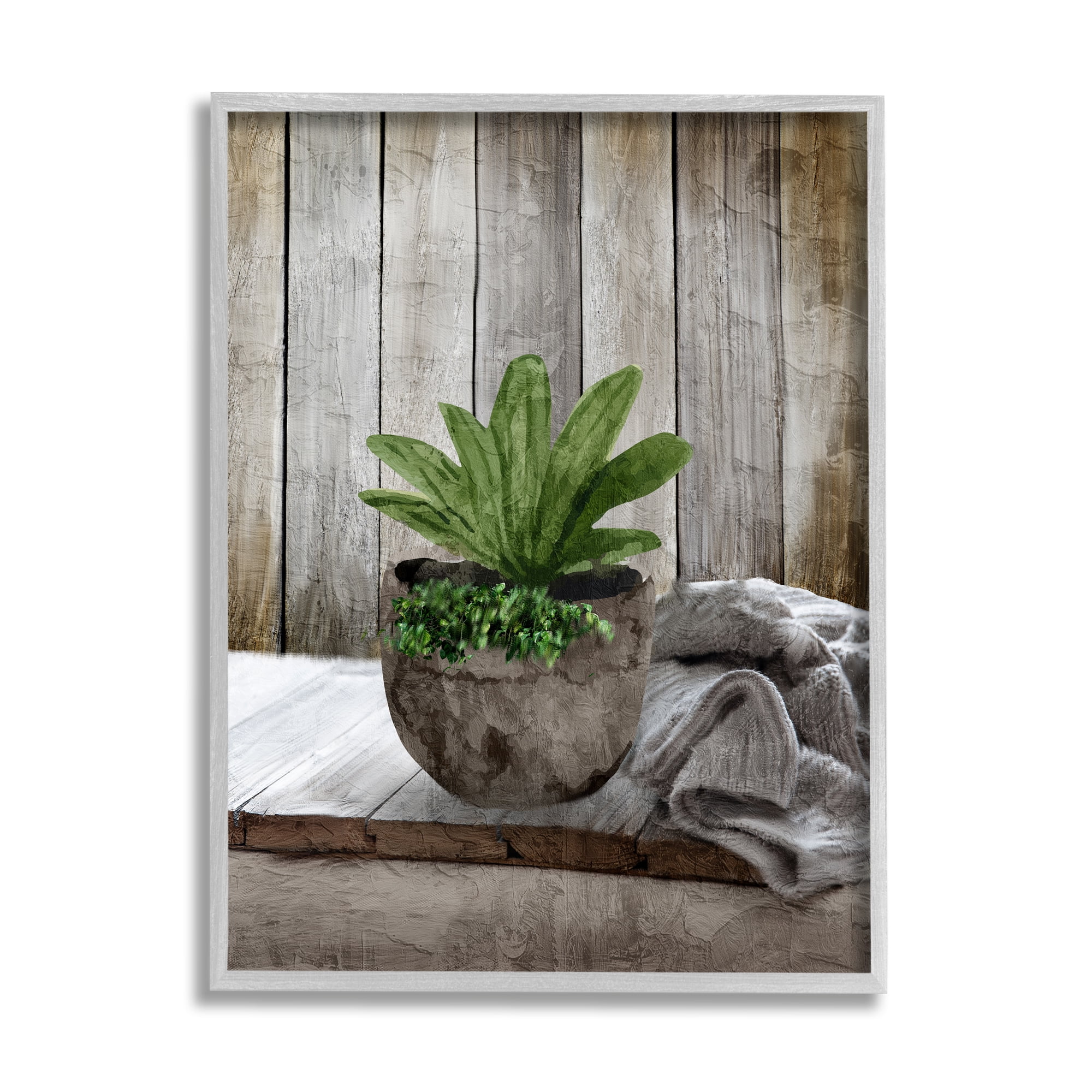 Stupell Industries Cozy Rustic Potted Plant Botanical & Floral Painting Gray Framed Art Print Wall Art, 16 x 20
