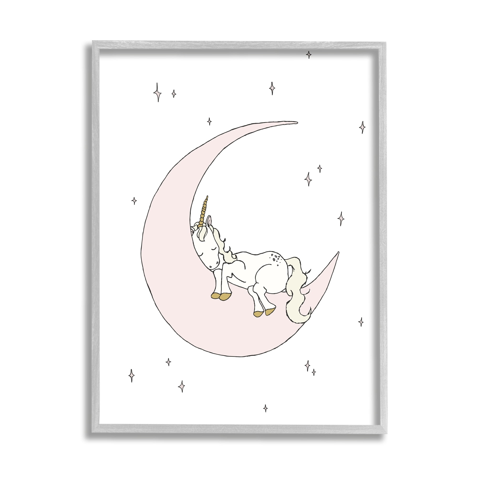 Stupell Industries Cozy Sleeping Unicorn Nighttime Moon Delicate Stars Graphic Art Gray Framed Art Print Wall Art, Design by Sweet Melody Designs