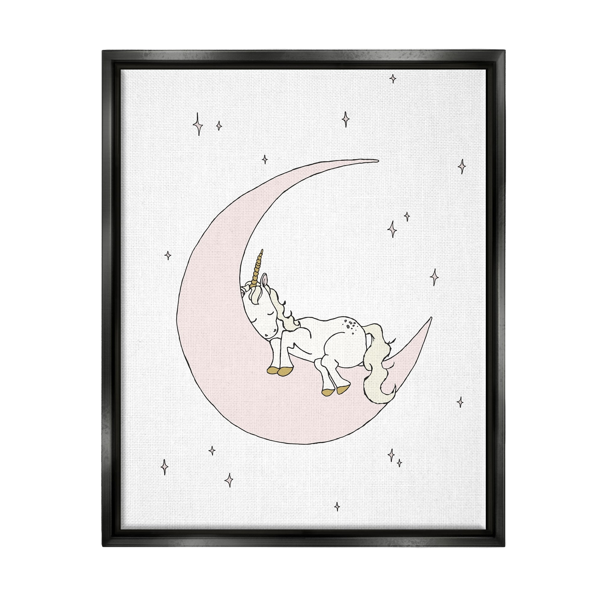 Stupell Industries Cozy Sleeping Unicorn Nighttime Moon Delicate Stars Graphic Art Jet Black Floating Framed Canvas Print Wall Art, Design by Sweet Melody Designs