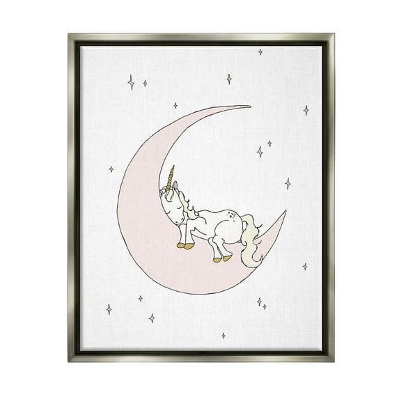 Stupell Industries Cozy Sleeping Unicorn Nighttime Moon Delicate Stars Graphic Art Luster Gray Floating Framed Canvas Print Wall Art, Design by Sweet Melody Designs