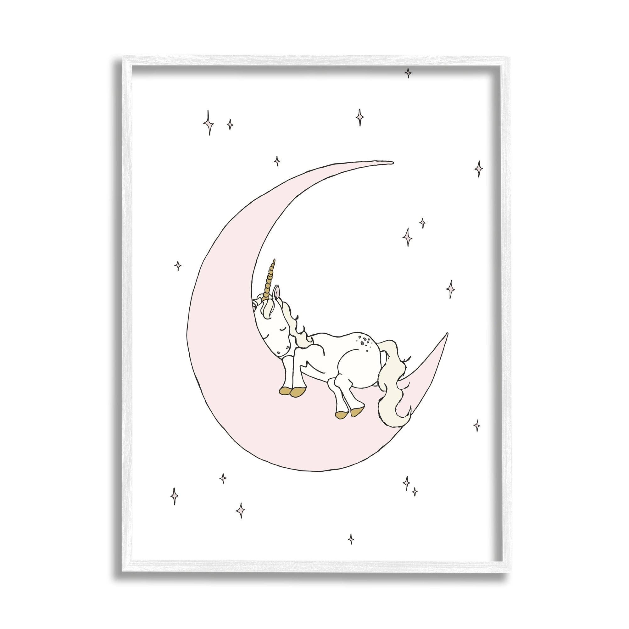 Stupell Industries Cozy Sleeping Unicorn Nighttime Moon Delicate Stars Graphic Art White Framed Art Print Wall Art, Design by Sweet Melody Designs