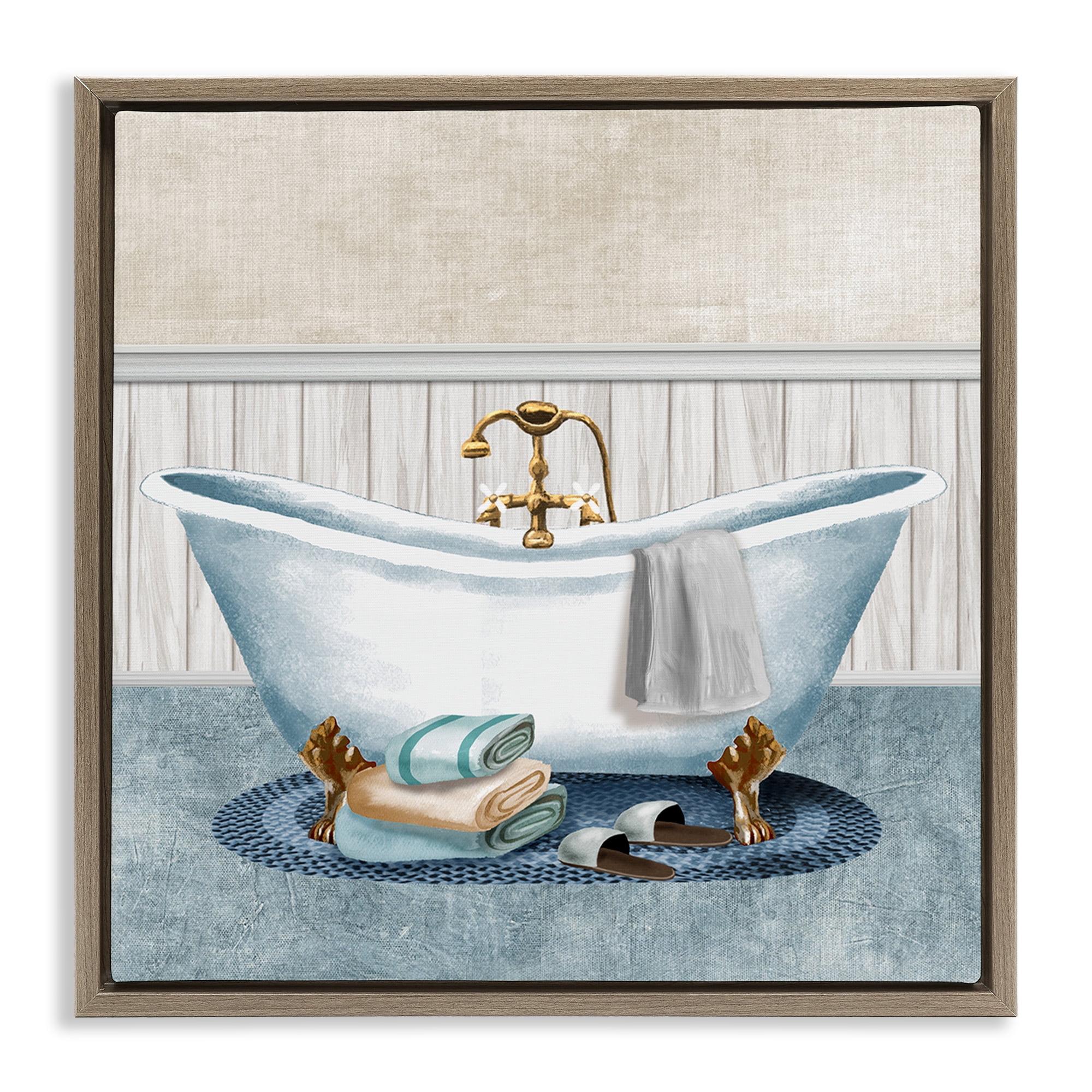 Stupell Industries Cozy Spa Bathtub & Slippers Brown Framed Floater Canvas Wall Art, design by Conrad Knutsen